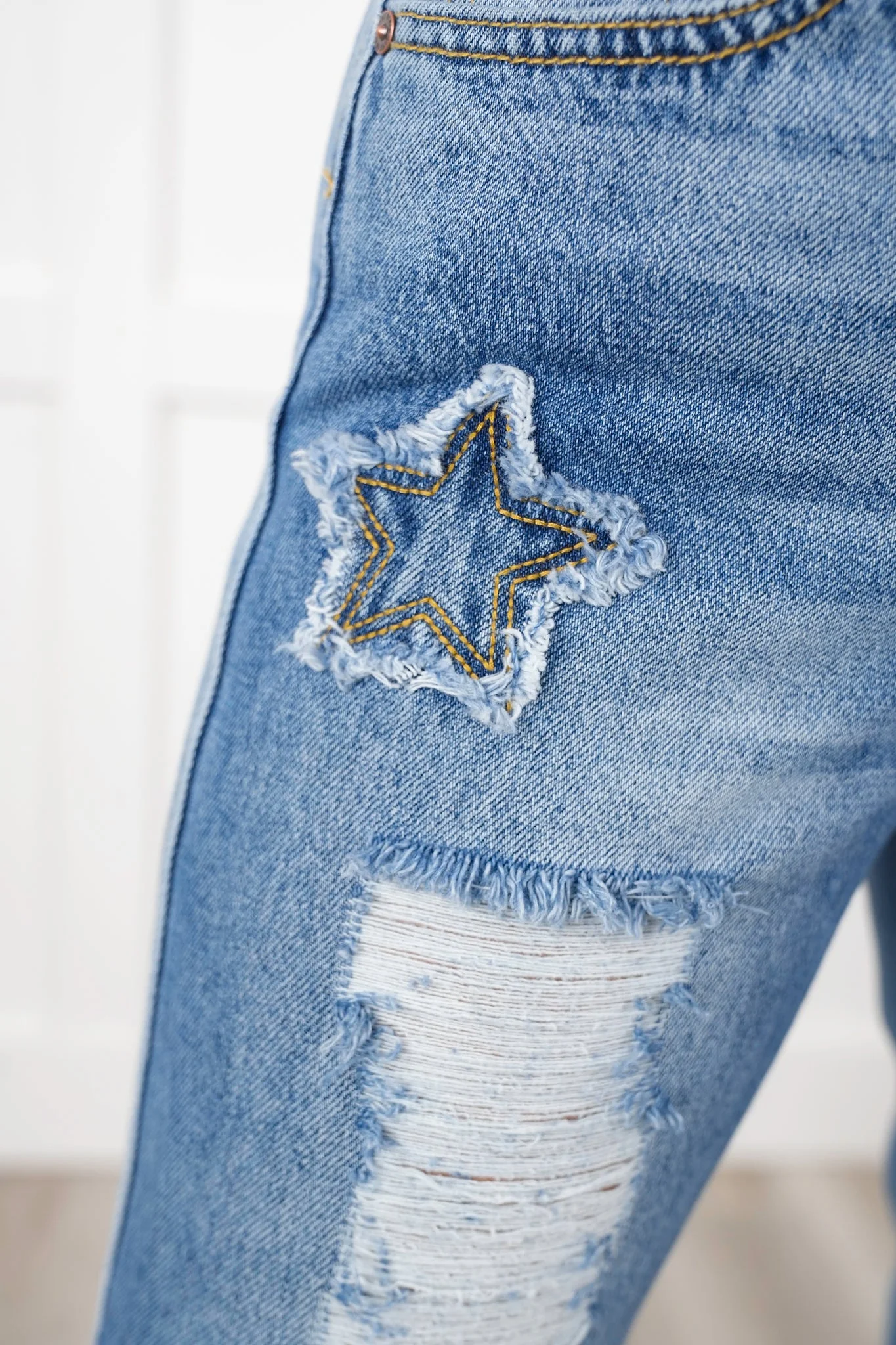 Saige High Rise Medium Wash Distressed Dad Jeans with Star Patches - Image 4