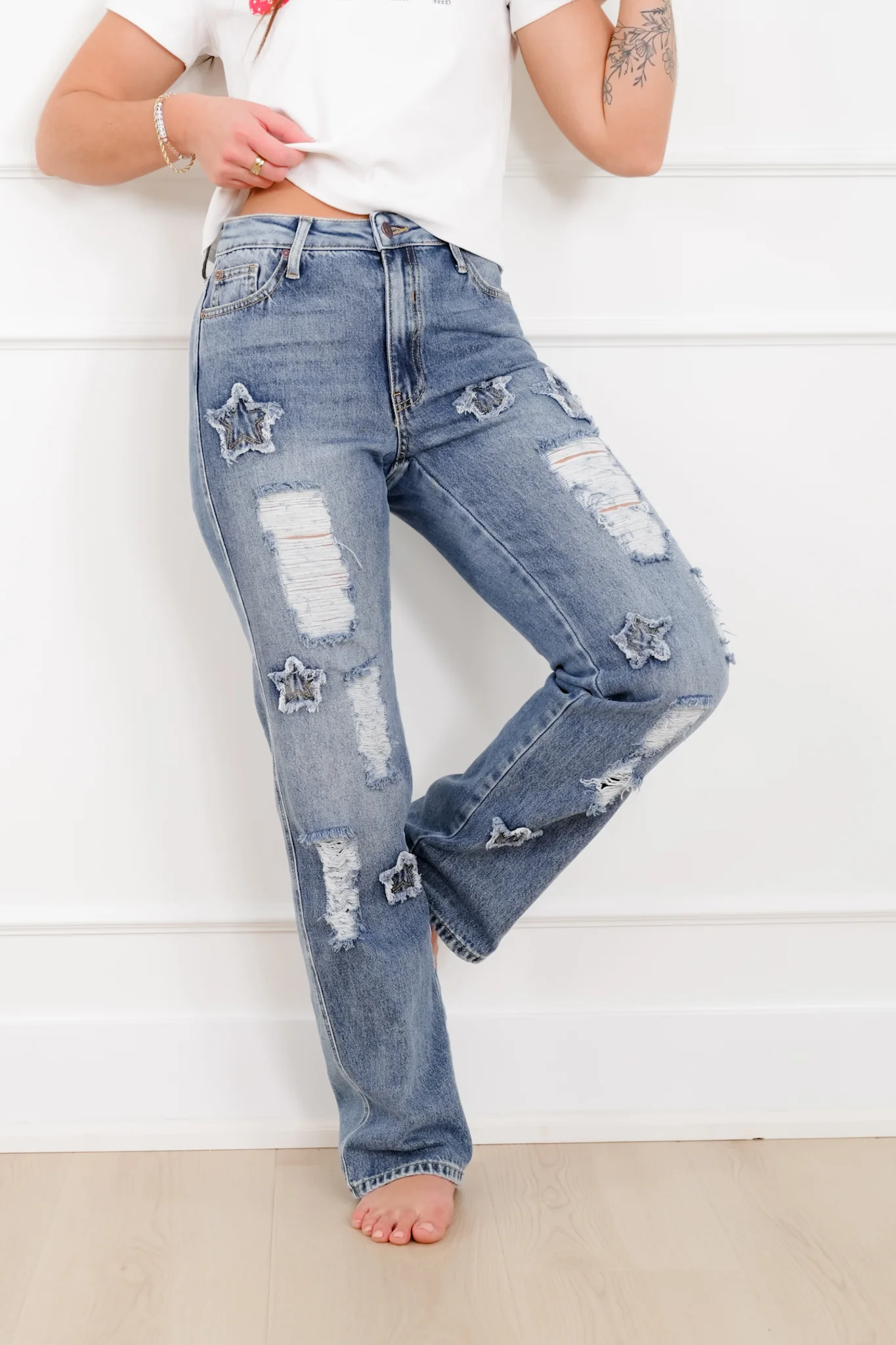 Saige High Rise Medium Wash Distressed Dad Jeans with Star Patches - Image 5