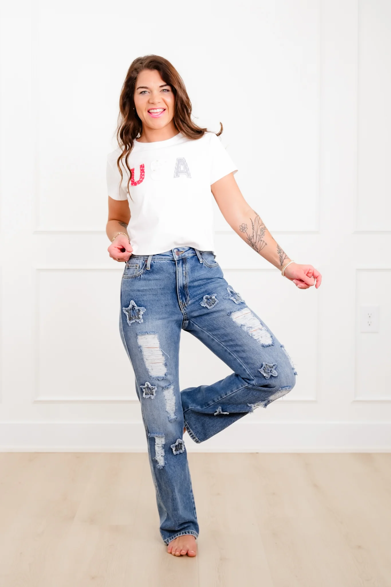 Saige High Rise Medium Wash Distressed Dad Jeans with Star Patches - Image 6
