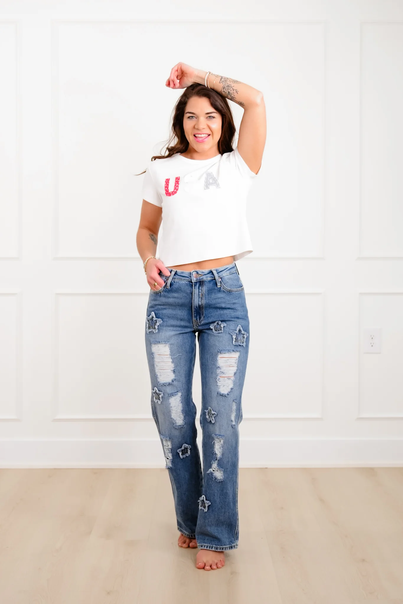 Saige High Rise Medium Wash Distressed Dad Jeans with Star Patches - Image 9