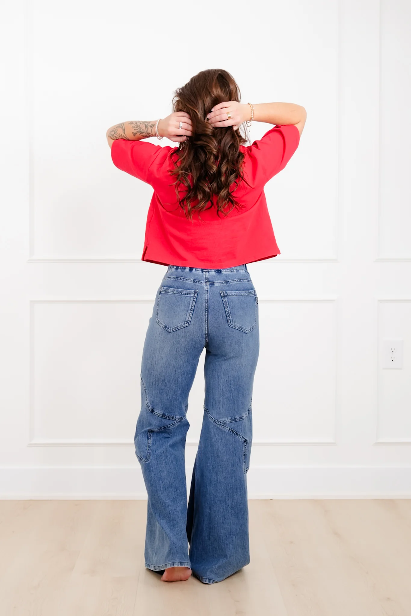 Plus/Reg Saige High Rise Medium Wash Pull On Star Wide Leg Knit Jeans - Image 5