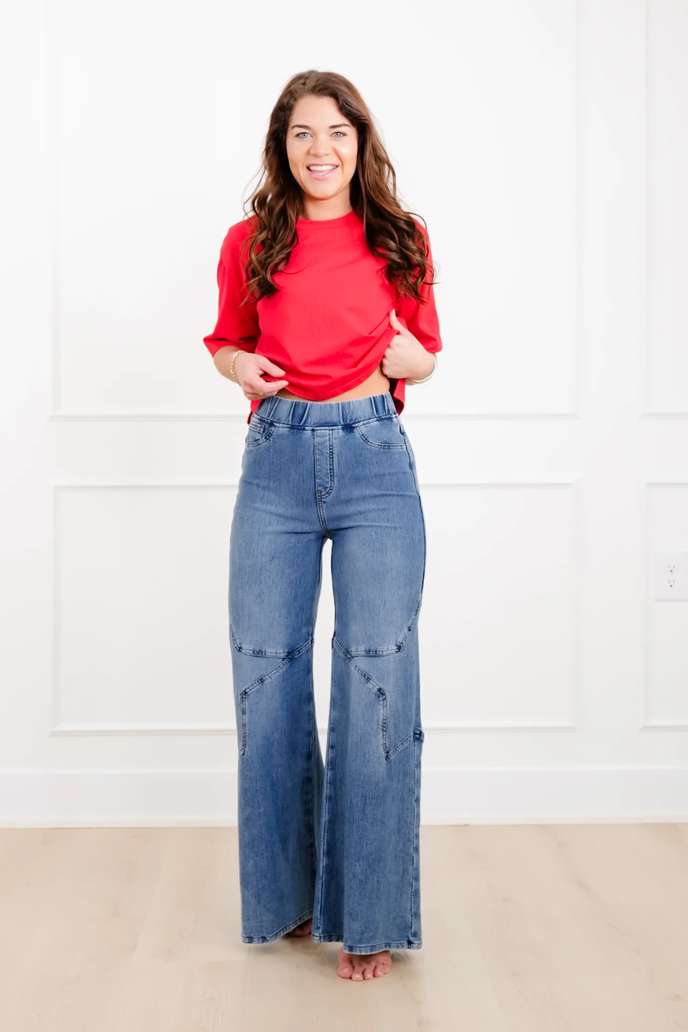 Plus/Reg Saige High Rise Medium Wash Pull On Star Wide Leg Knit Jeans - Image 6