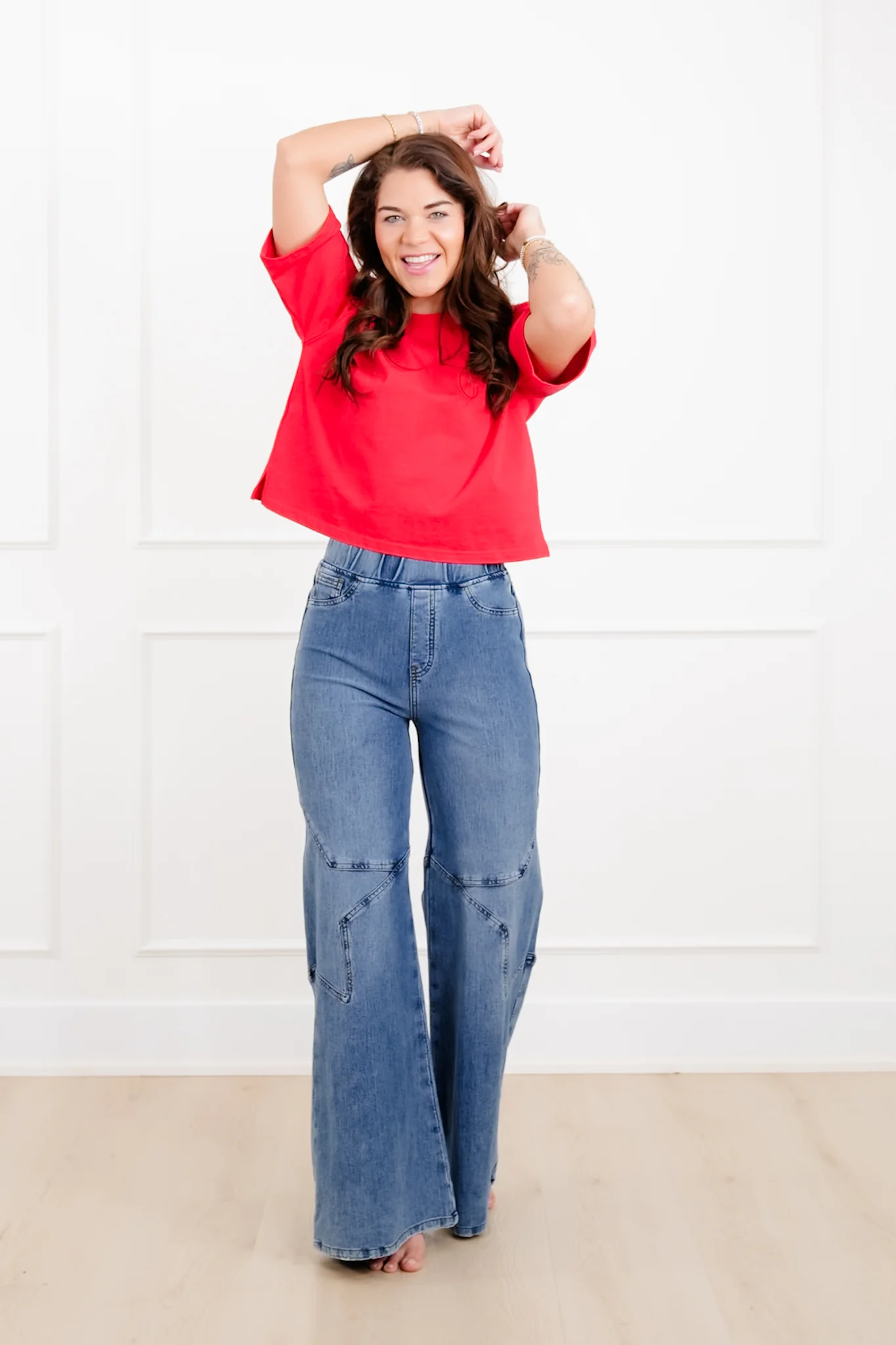 Plus/Reg Saige High Rise Medium Wash Pull On Star Wide Leg Knit Jeans - Image 7