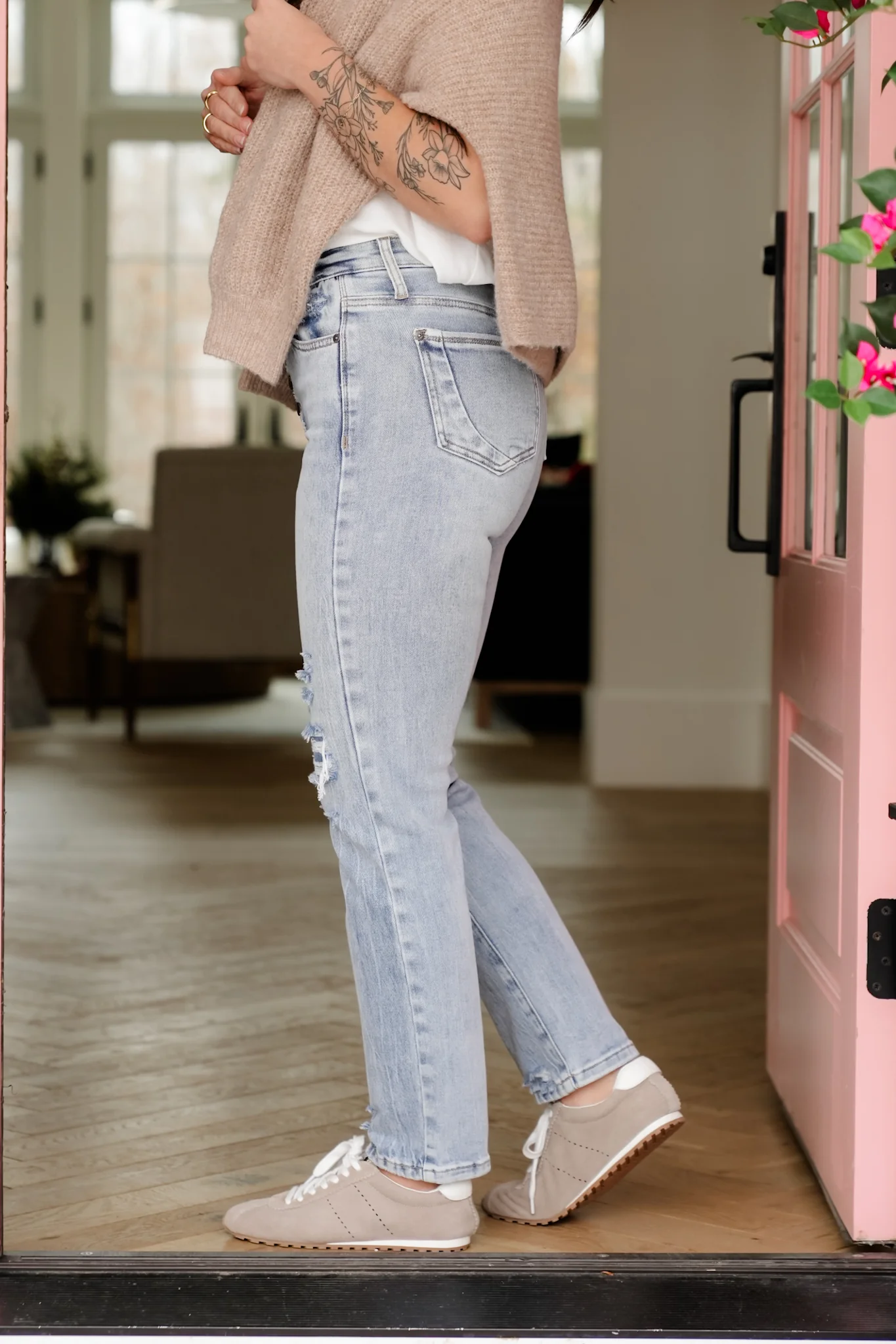 Saige High Rise Medium Wash Tummy Control Button Fly Cropped Slim Straight Leg Jeans - Image 7