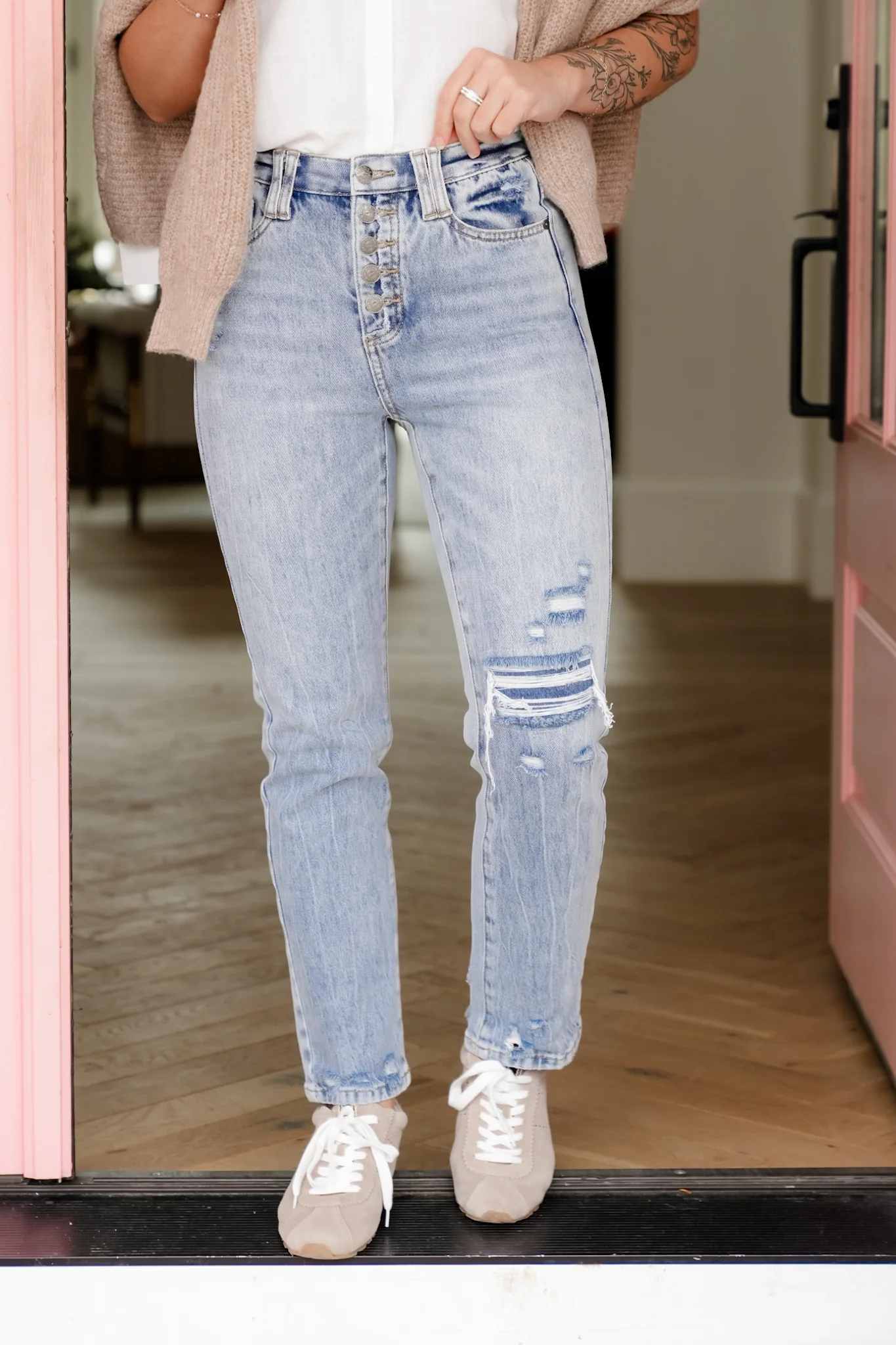 Saige High Rise Medium Wash Tummy Control Button Fly Cropped Slim Straight Leg Jeans - Image 9
