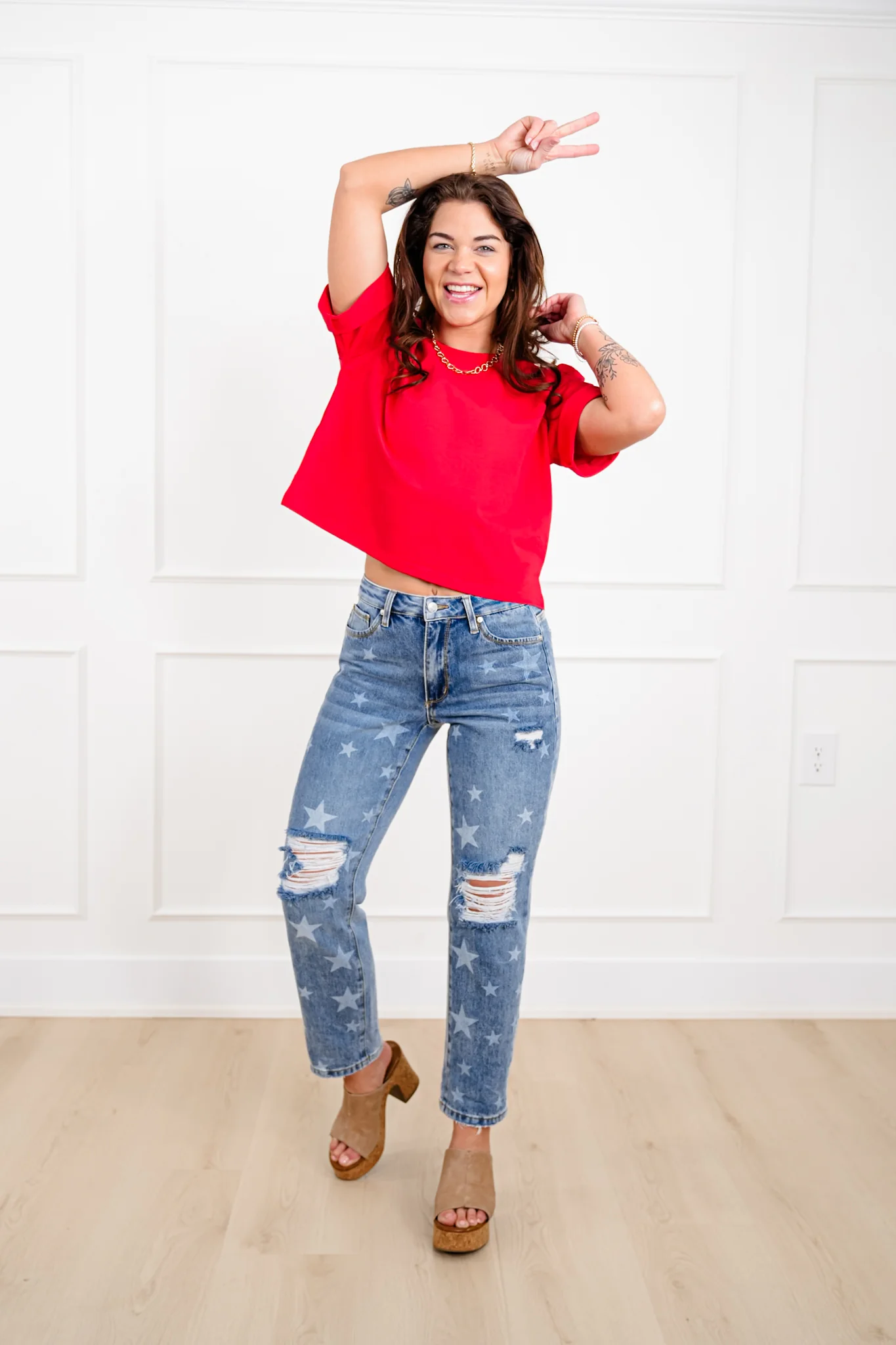 Saige Mid Rise Medium Wash Slim Boyfriend Jeans with Star Print - Image 2