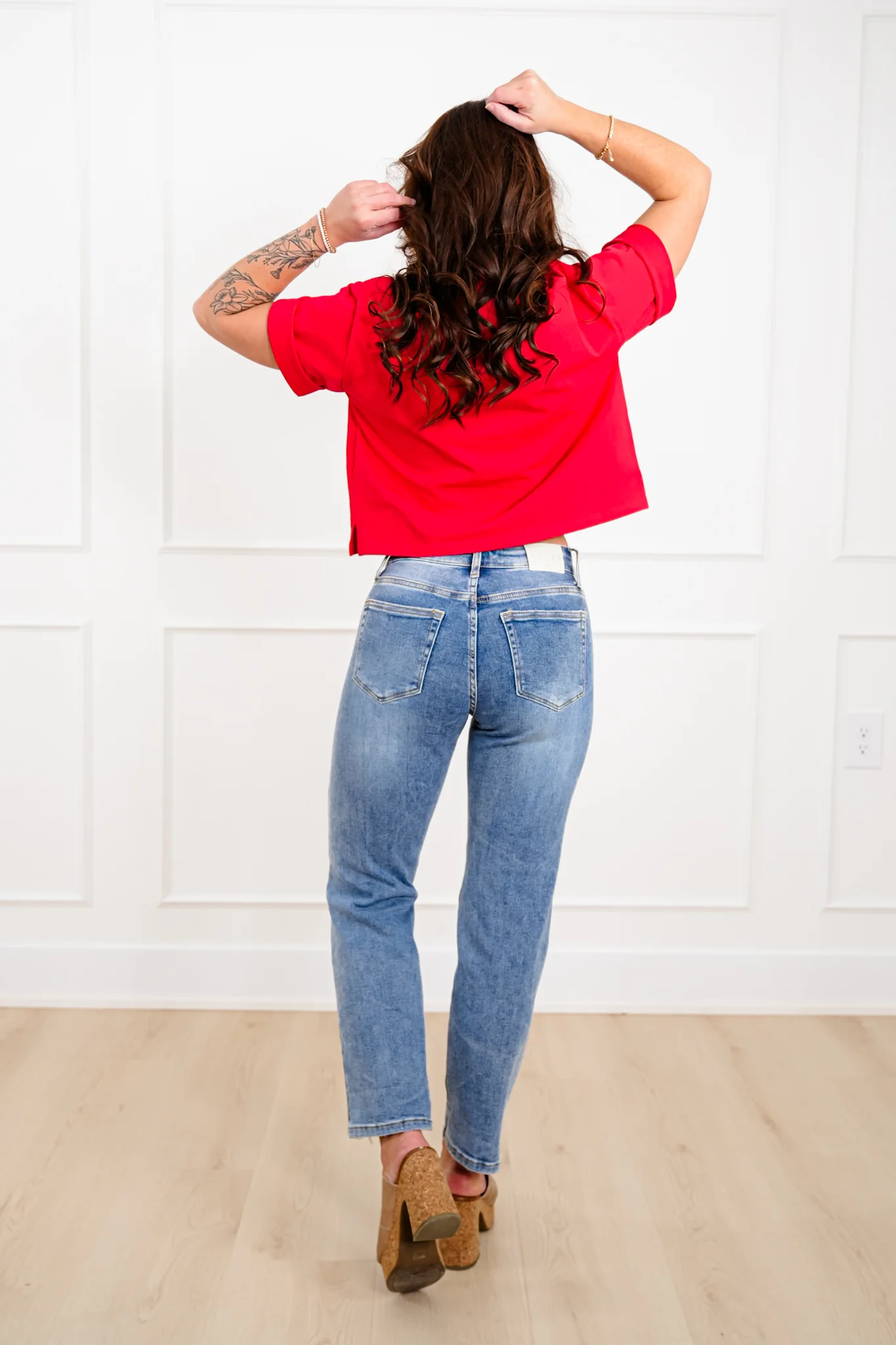 Saige Mid Rise Medium Wash Slim Boyfriend Jeans with Star Print - Image 4