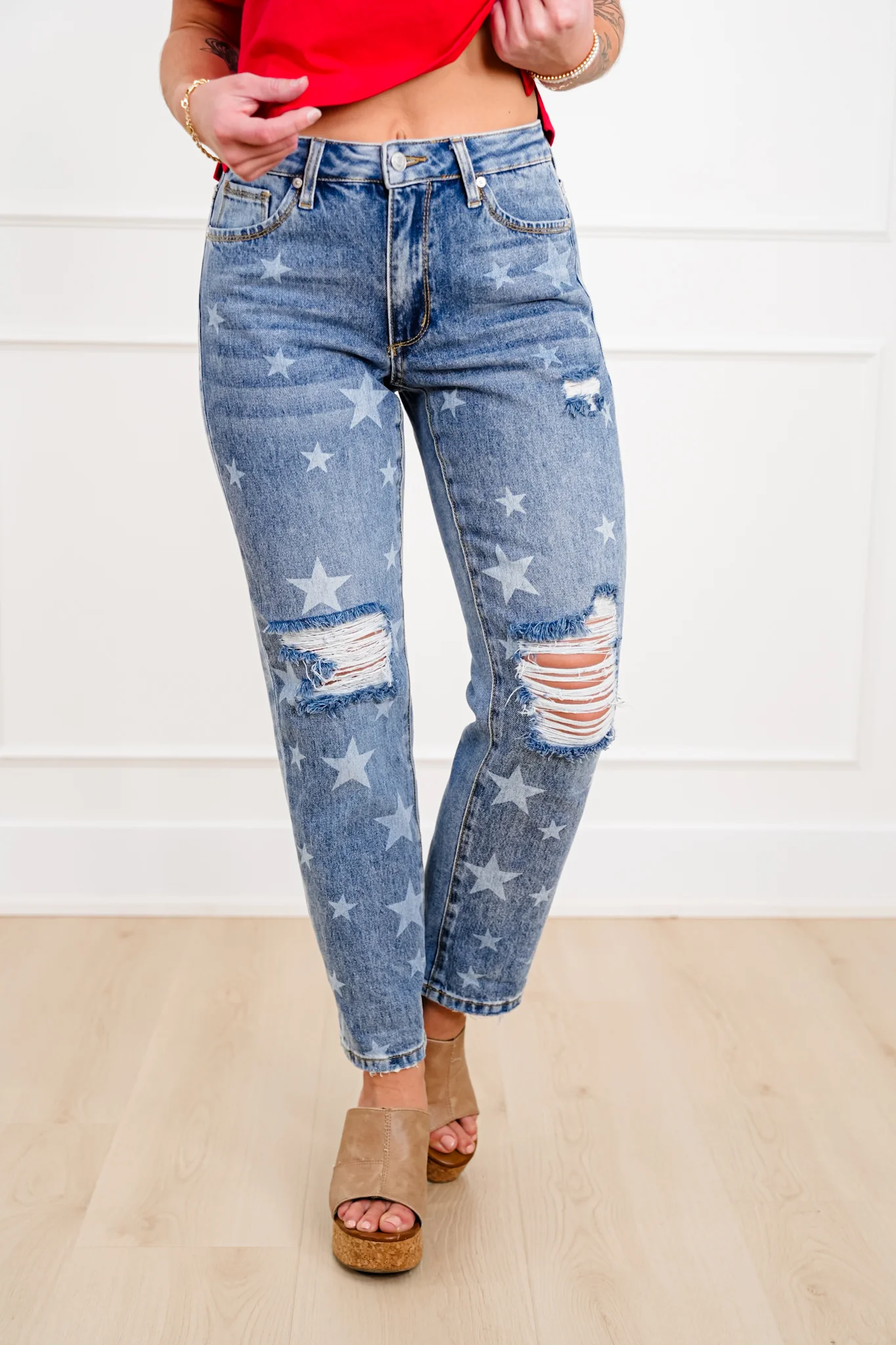 Saige Mid Rise Medium Wash Slim Boyfriend Jeans with Star Print - Image 5