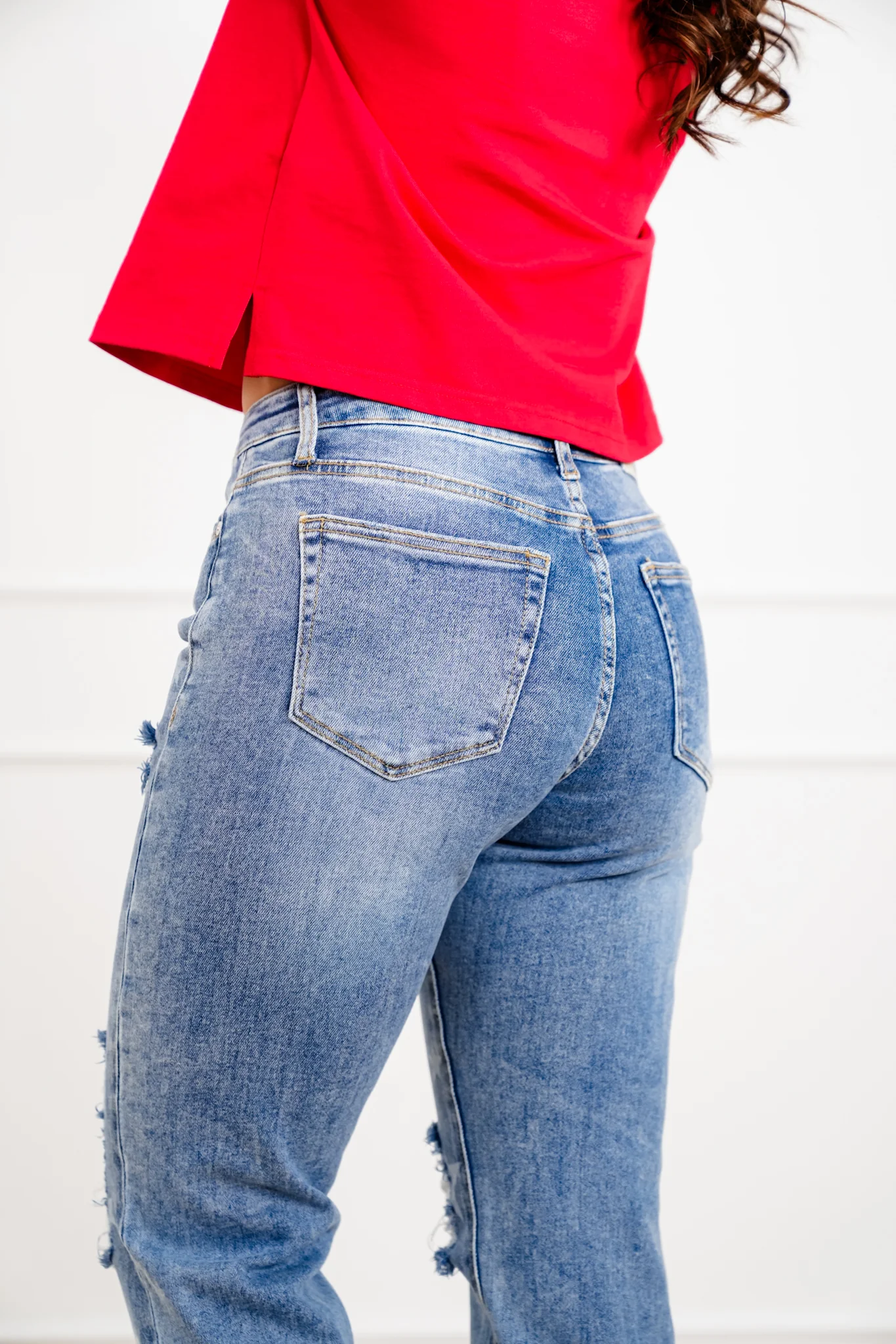 Saige Mid Rise Medium Wash Slim Boyfriend Jeans with Star Print - Image 6