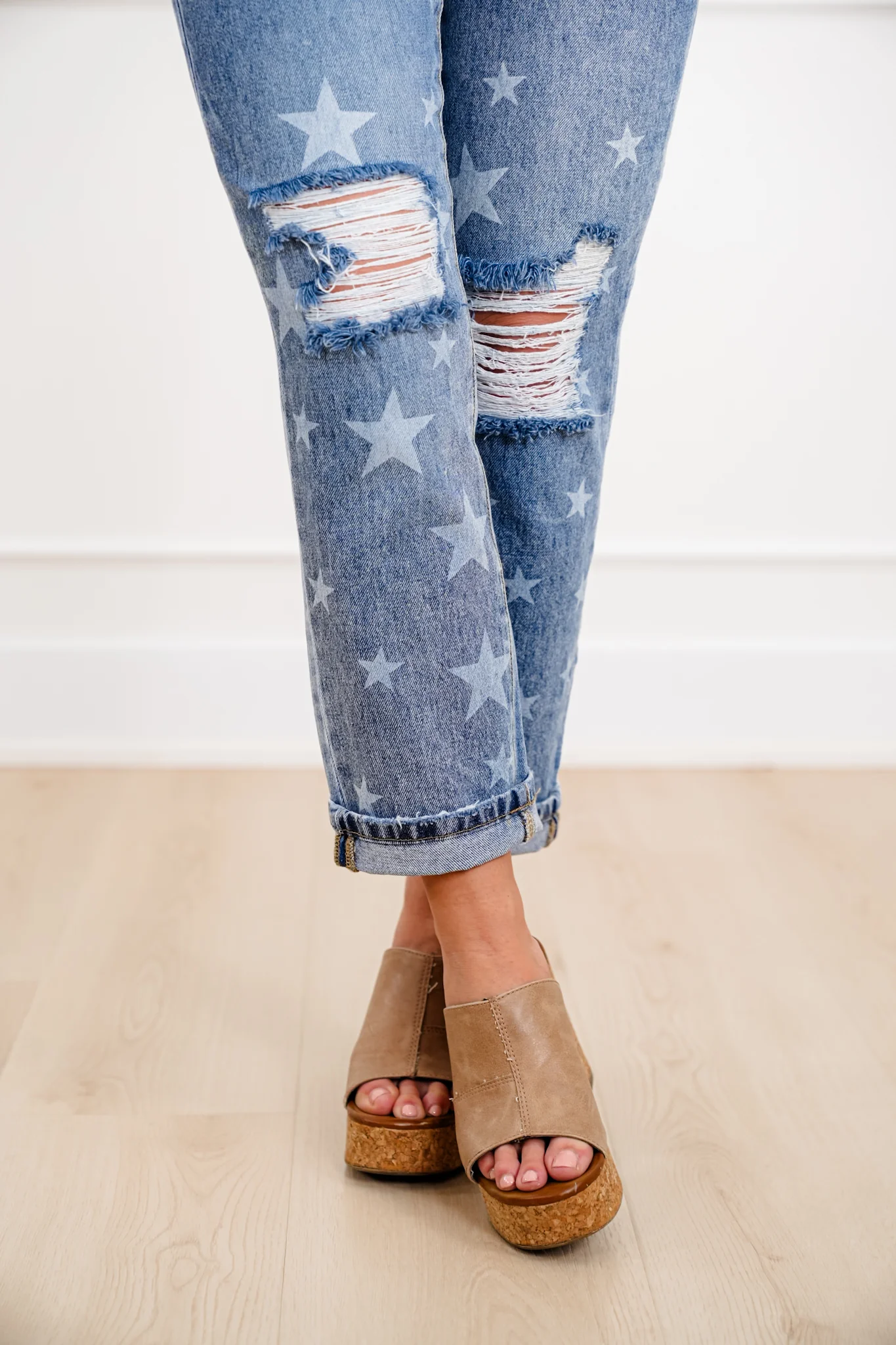 Saige Mid Rise Medium Wash Slim Boyfriend Jeans with Star Print - Image 7