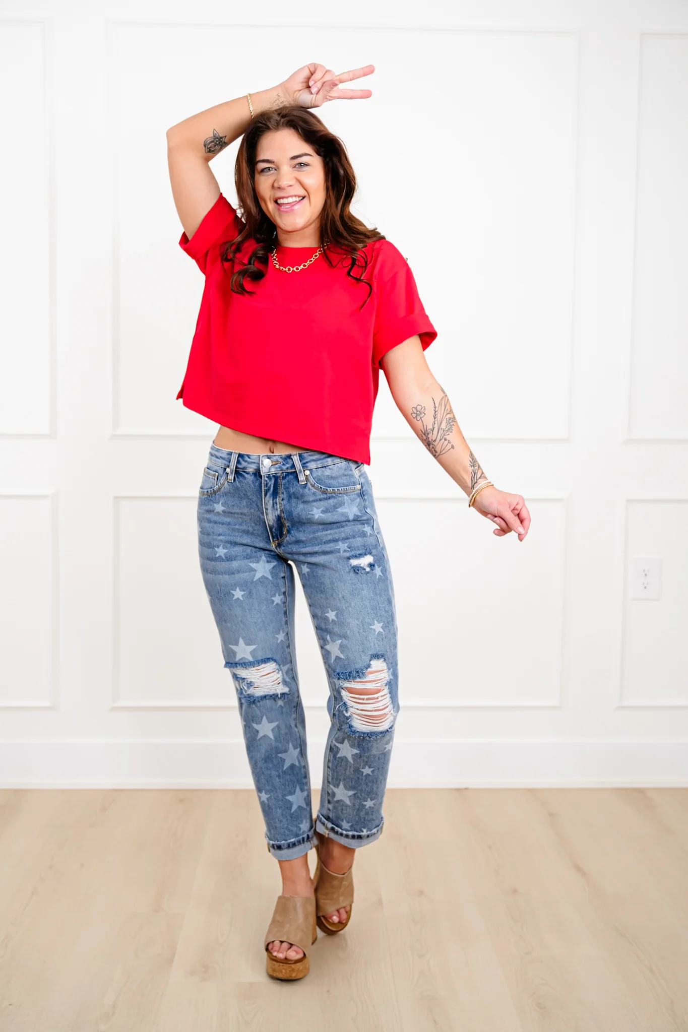 Saige Mid Rise Medium Wash Slim Boyfriend Jeans with Star Print - Image 9