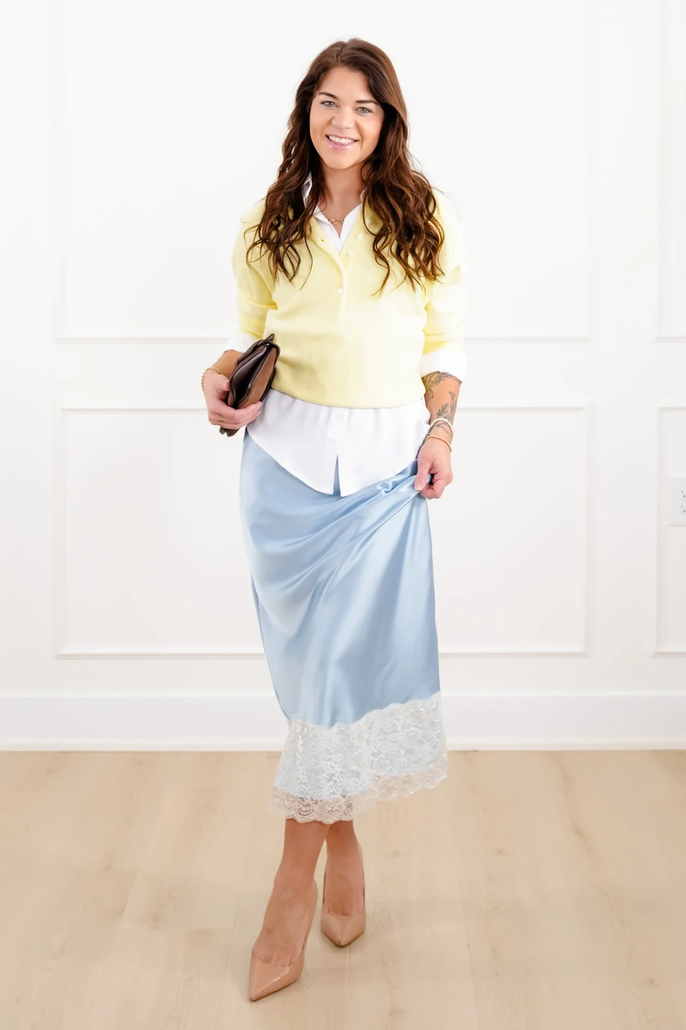 Satin Elastic Waist Midi Skirt with Lace Trim - Image 6