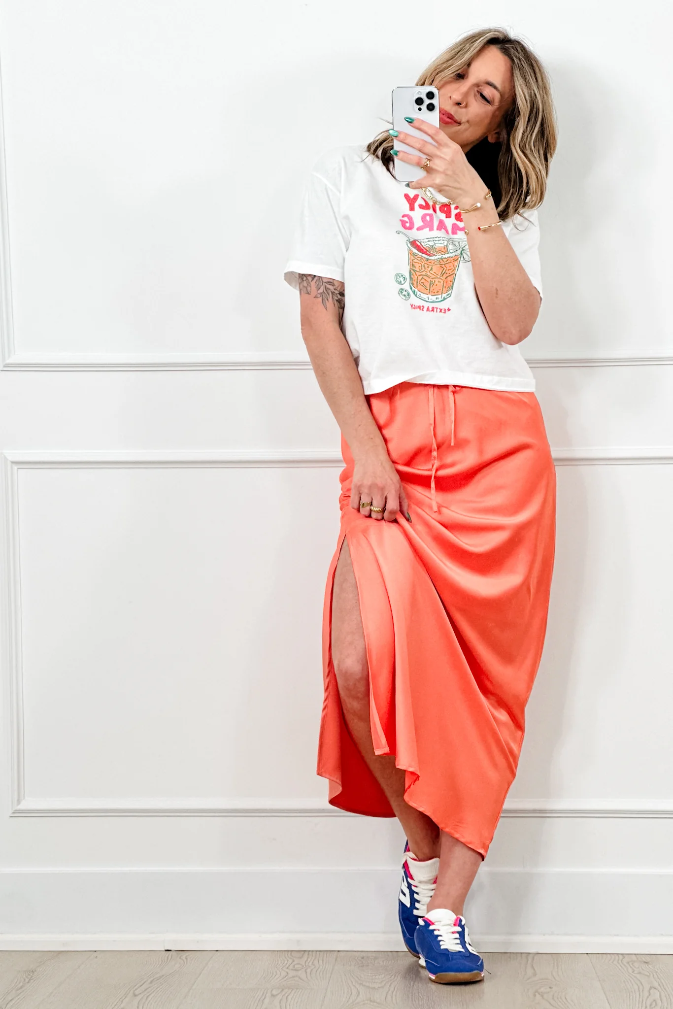 Satin Elastic Waist Midi Skirt with Side Slit - Image 2