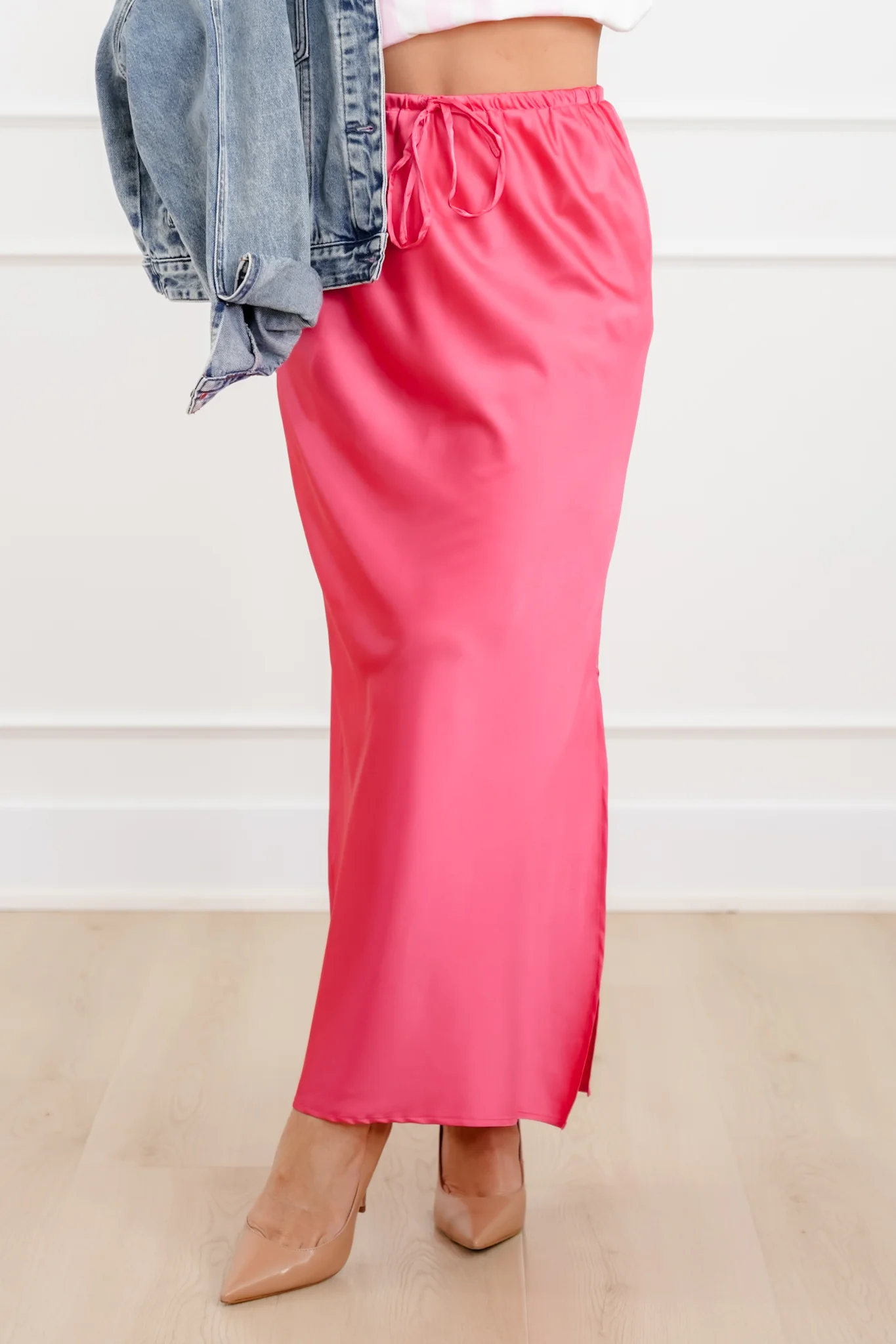 Restock! Satin Elastic Waist Midi Skirt with Side Slit - Image 2