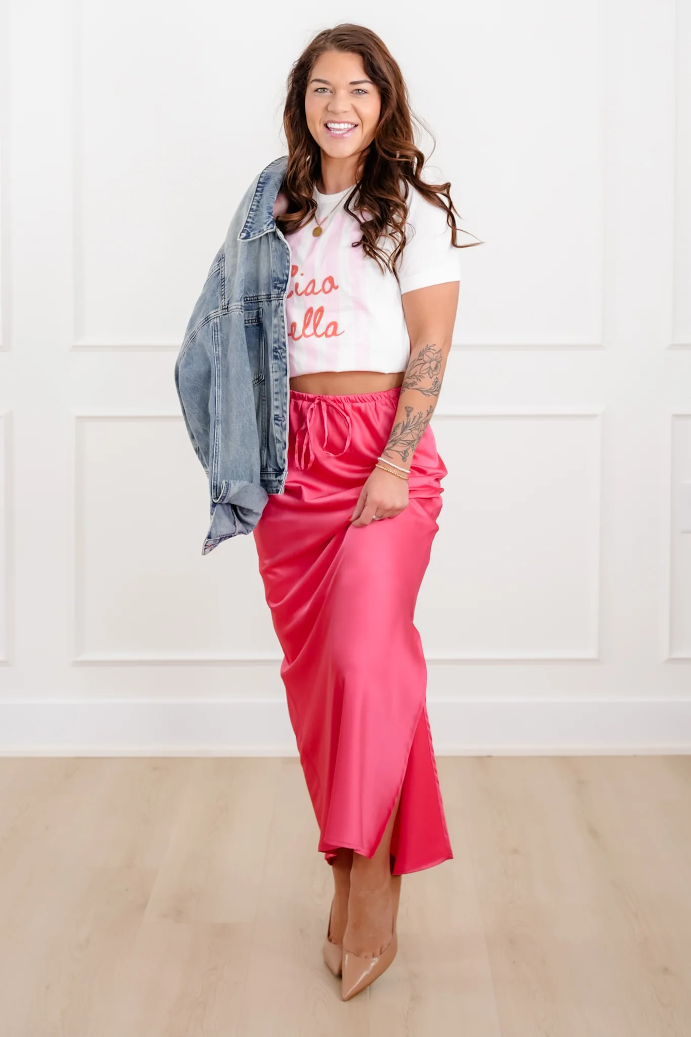 Restock! Satin Elastic Waist Midi Skirt with Side Slit - Image 5