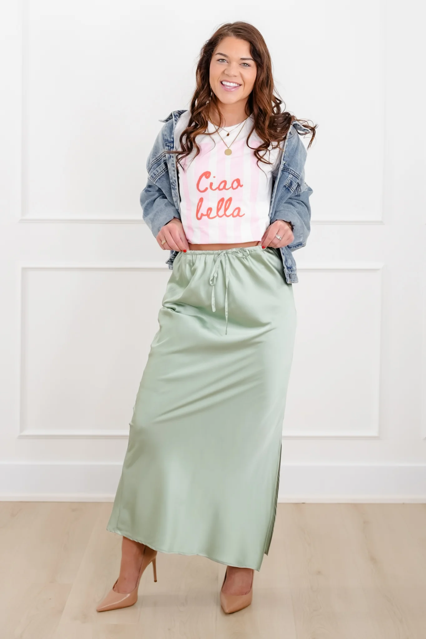 Restock! Satin Elastic Waist Midi Skirt with Side Slit - Image 7
