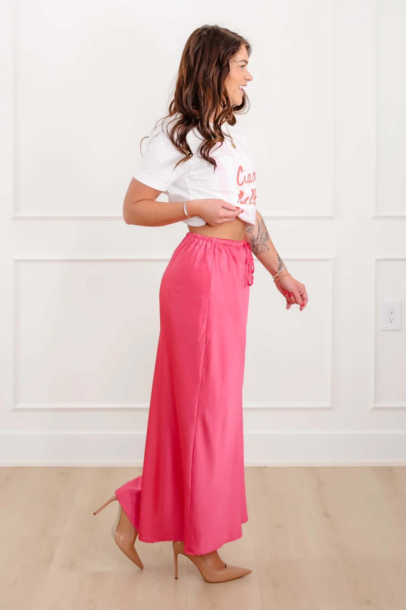 Restock! Satin Elastic Waist Midi Skirt with Side Slit - Image 9