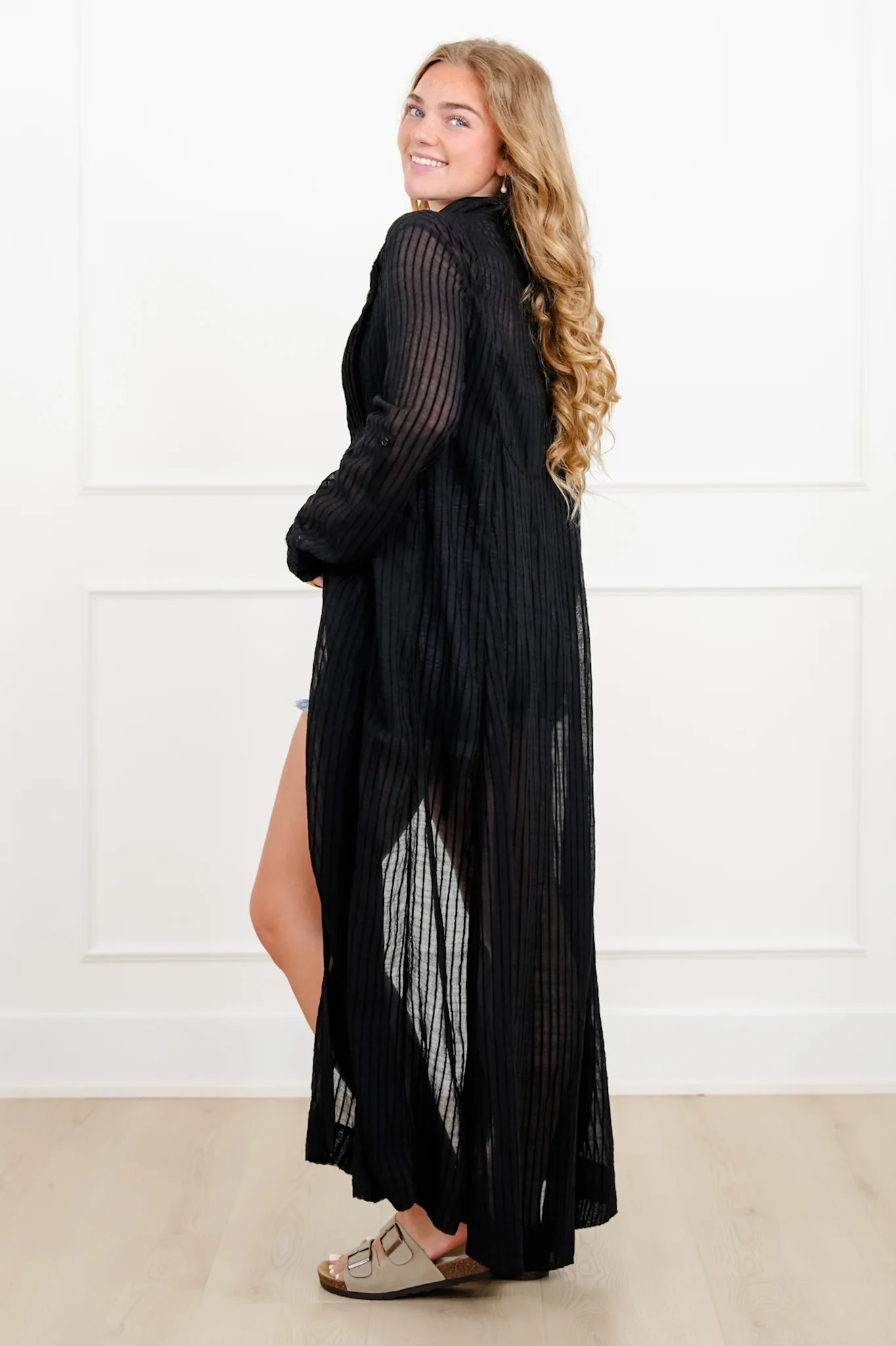 Sheer Black Long Sleeve Button Down Maxi Cardigan - Image 2