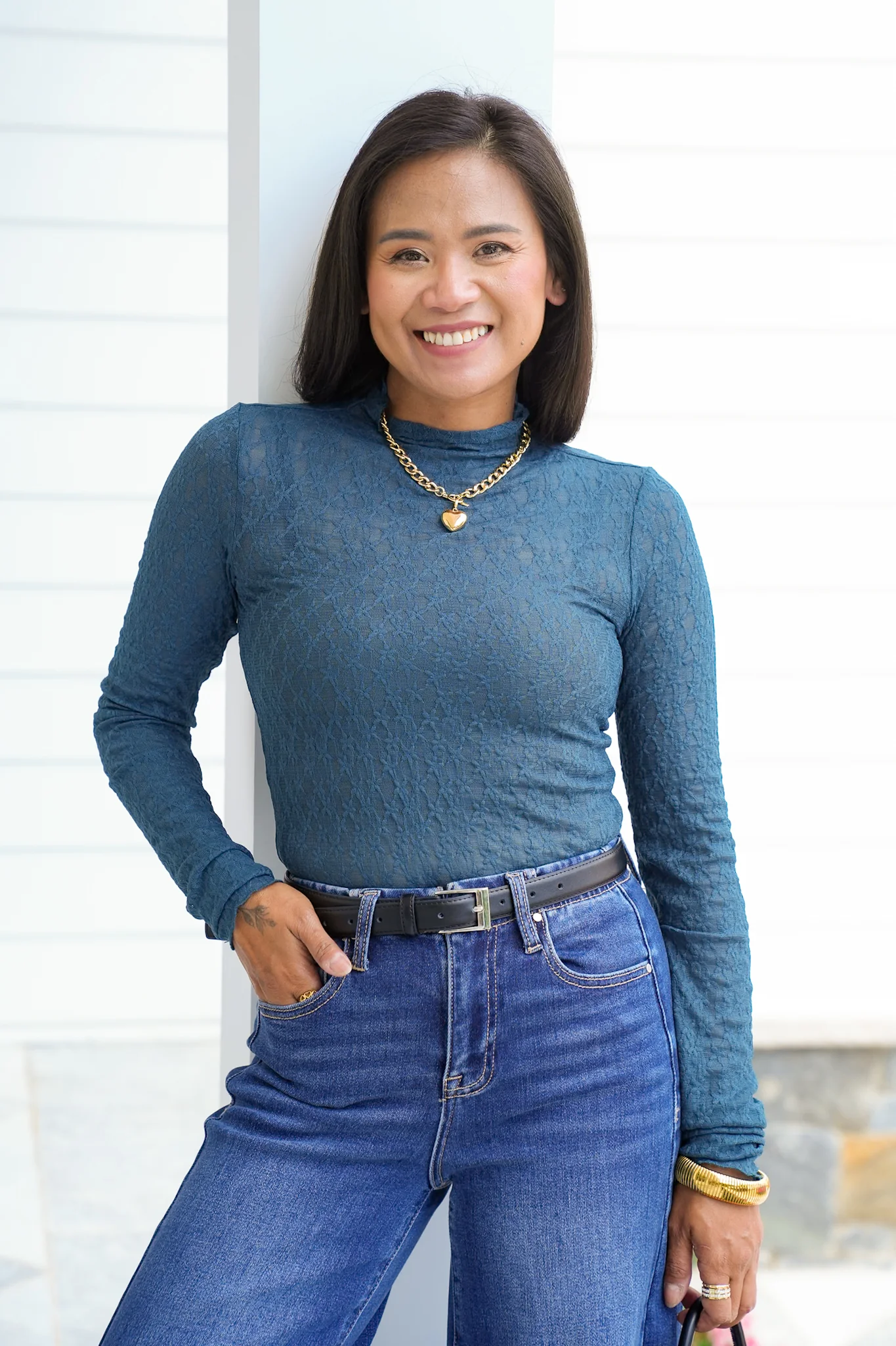 Sheer Lace Long Sleeve Mock Neck Top - Image 3