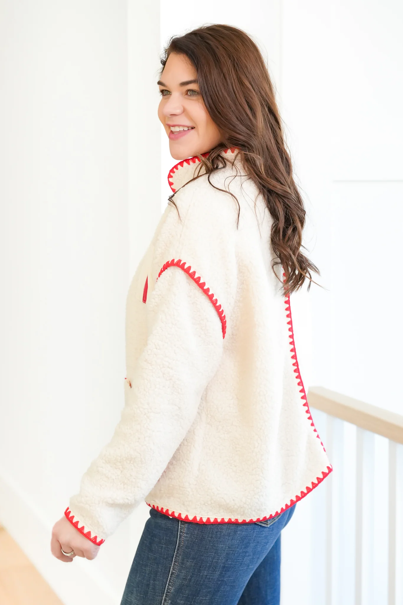 Sherpa Long Sleeve Open Front Jacket with Blanket Stitch Trim - Image 2