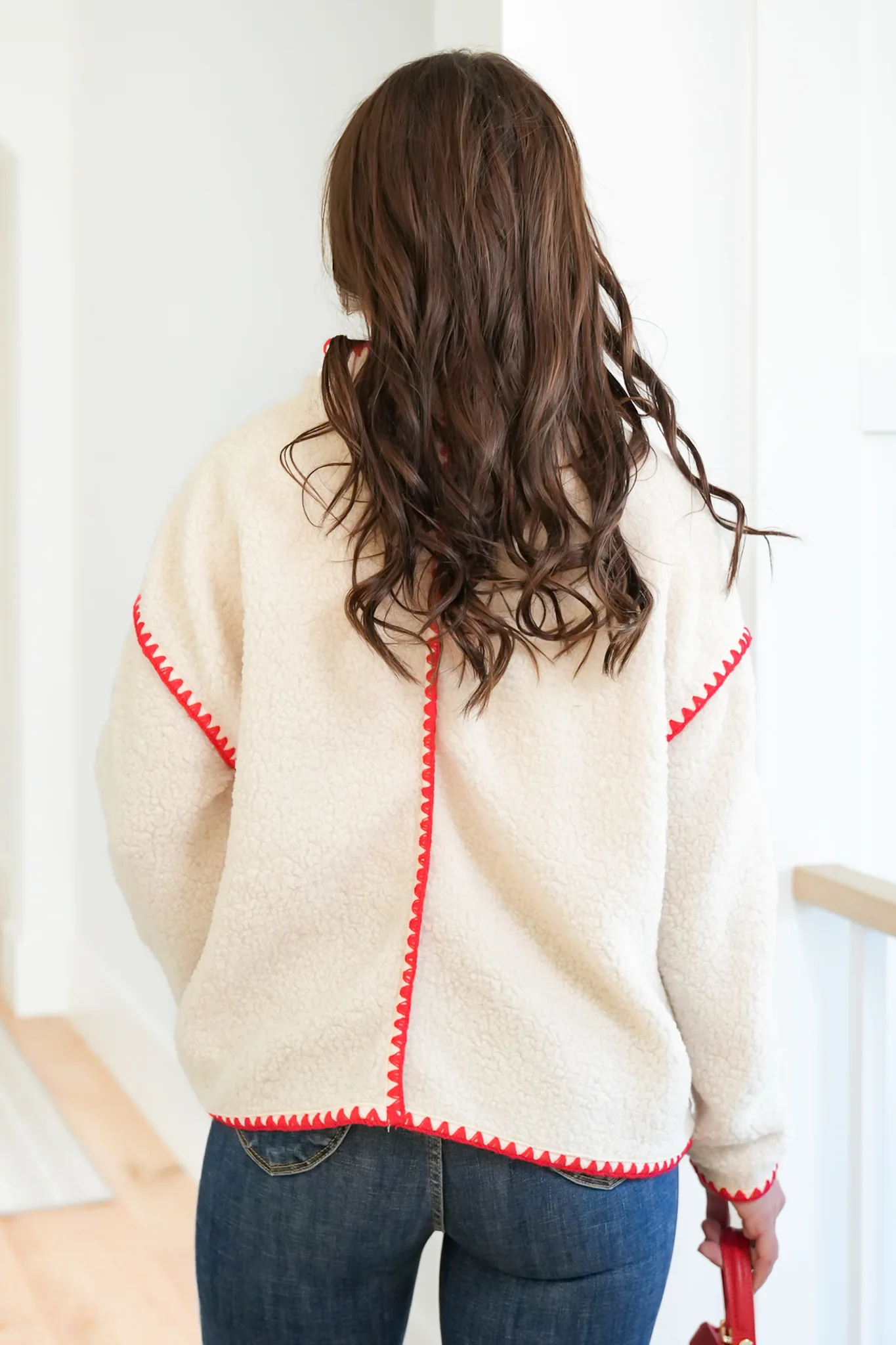 Sherpa Long Sleeve Open Front Jacket with Blanket Stitch Trim - Image 3