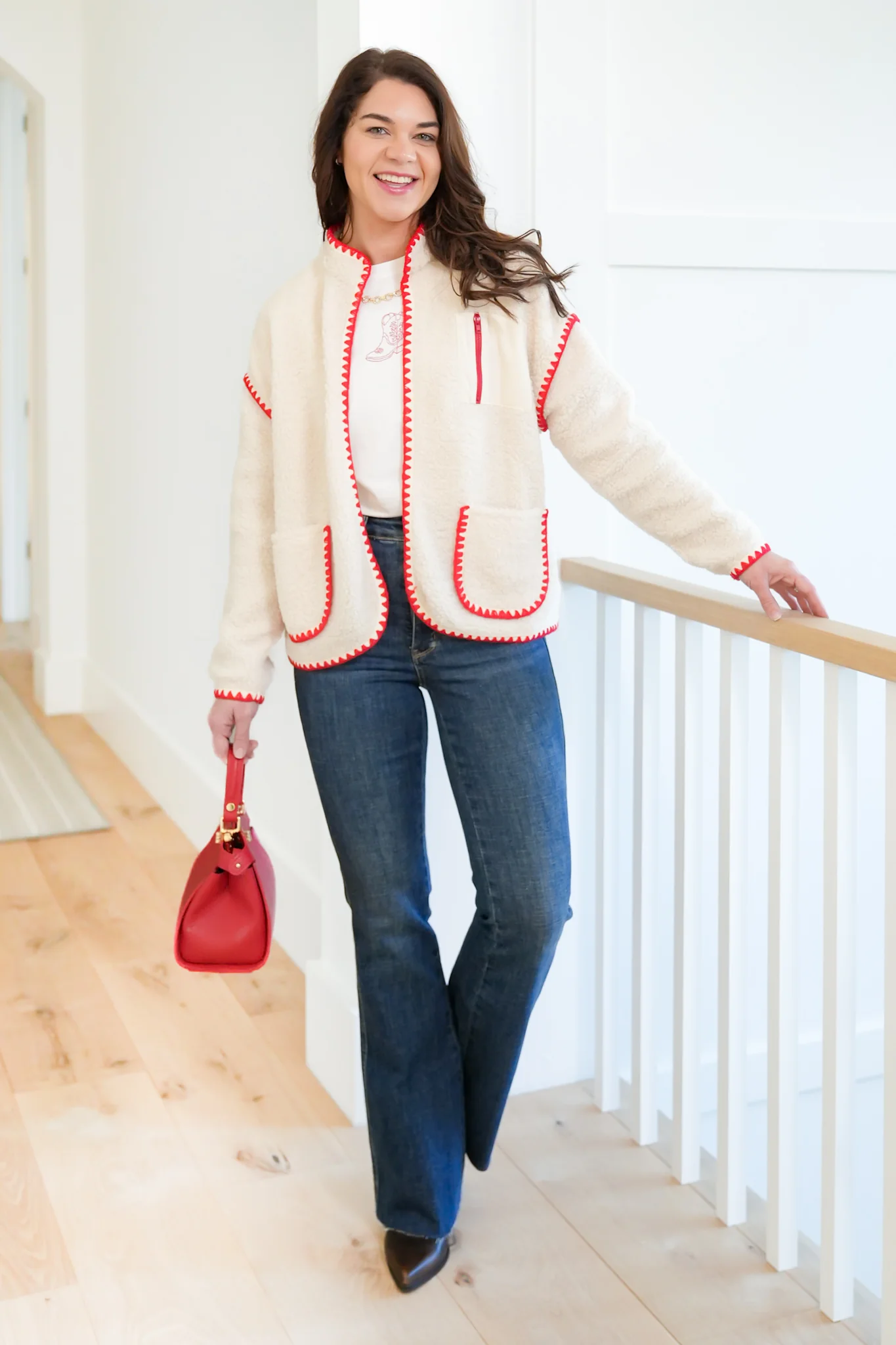Sherpa Long Sleeve Open Front Jacket with Blanket Stitch Trim - Image 4