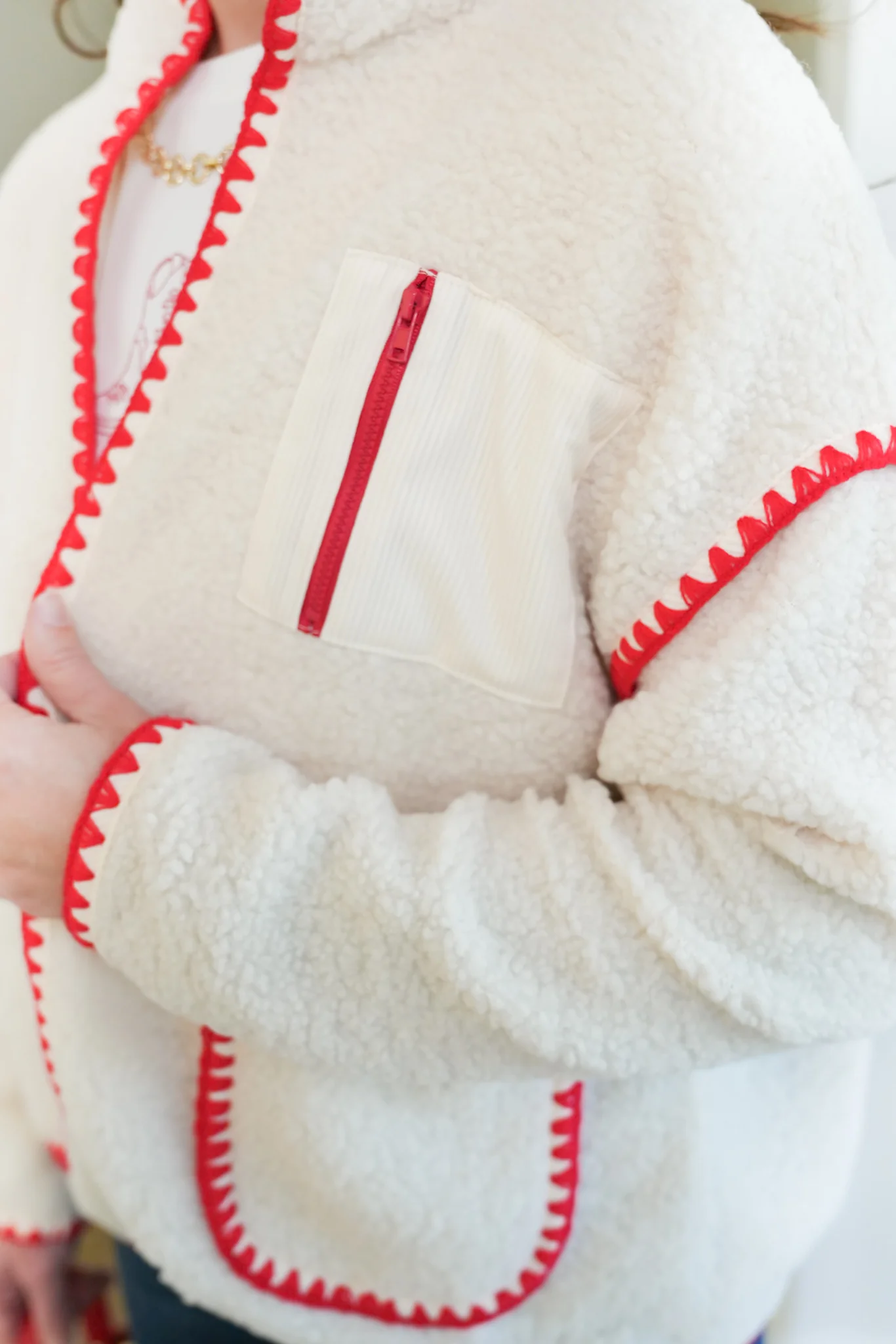 Sherpa Long Sleeve Open Front Jacket with Blanket Stitch Trim - Image 5