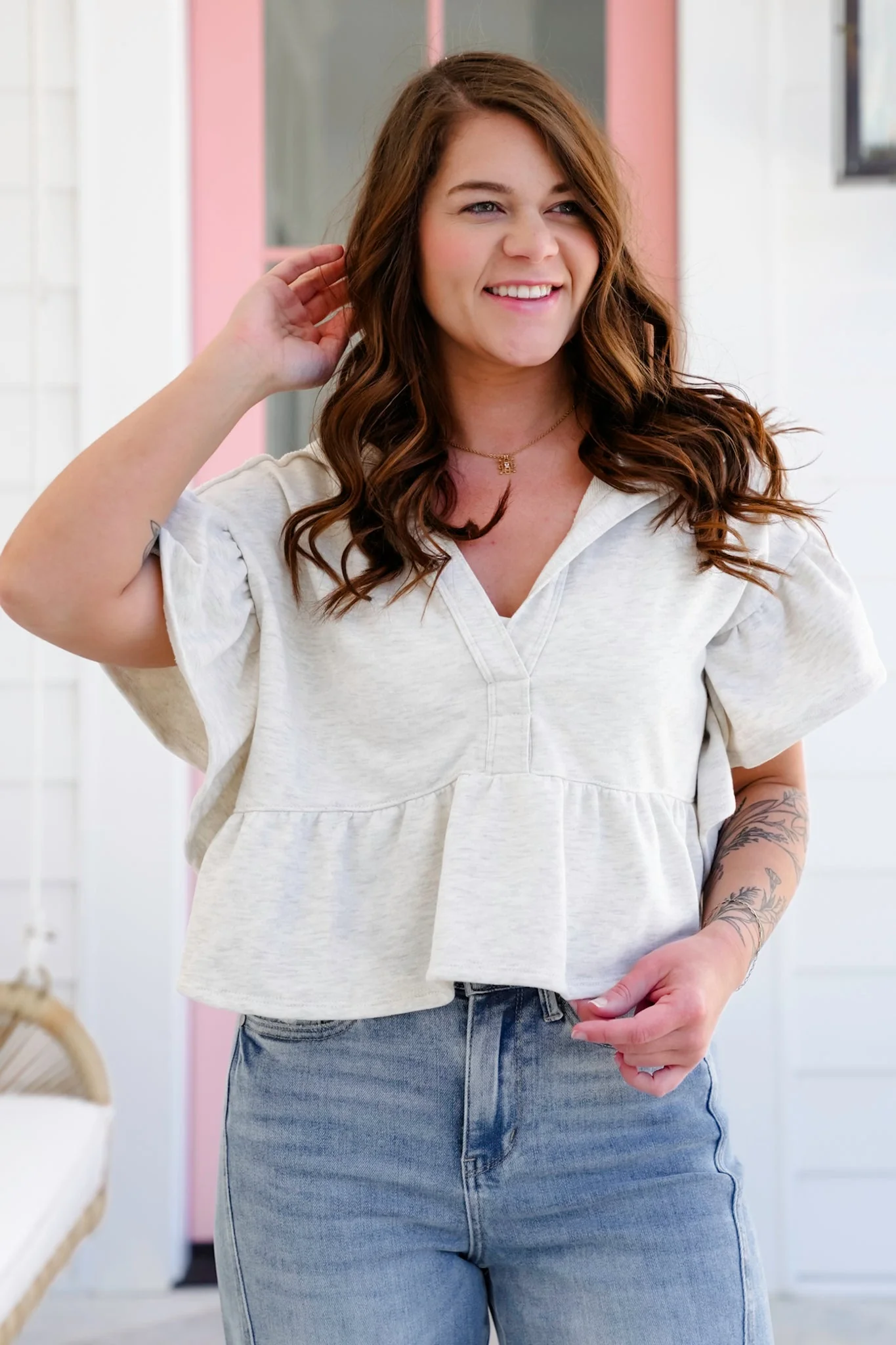 Short Ruffle Sleeve Hooded Cropped Top