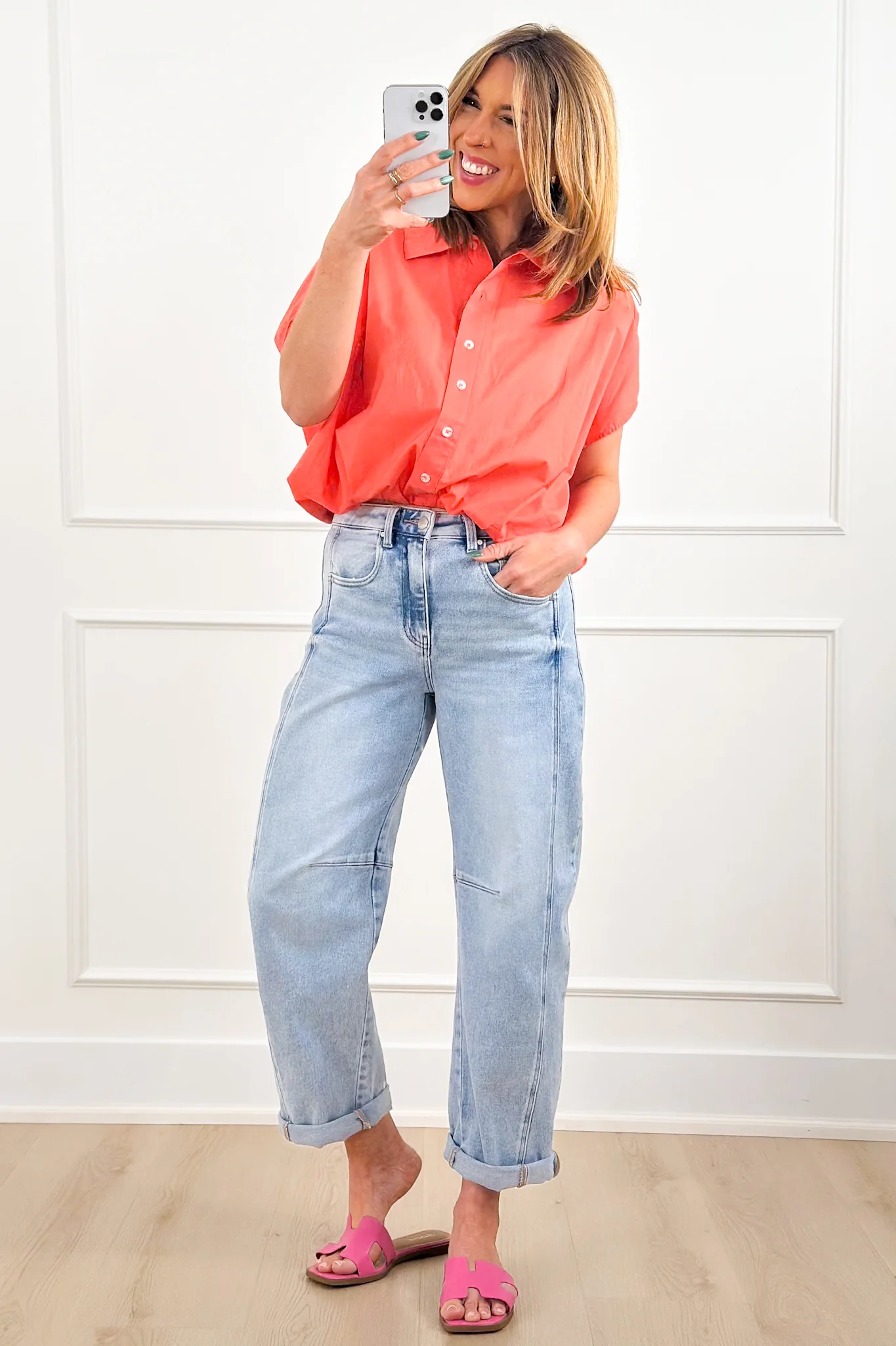 Short Sleeve Bubble Hem Button Down Blouse - Image 3