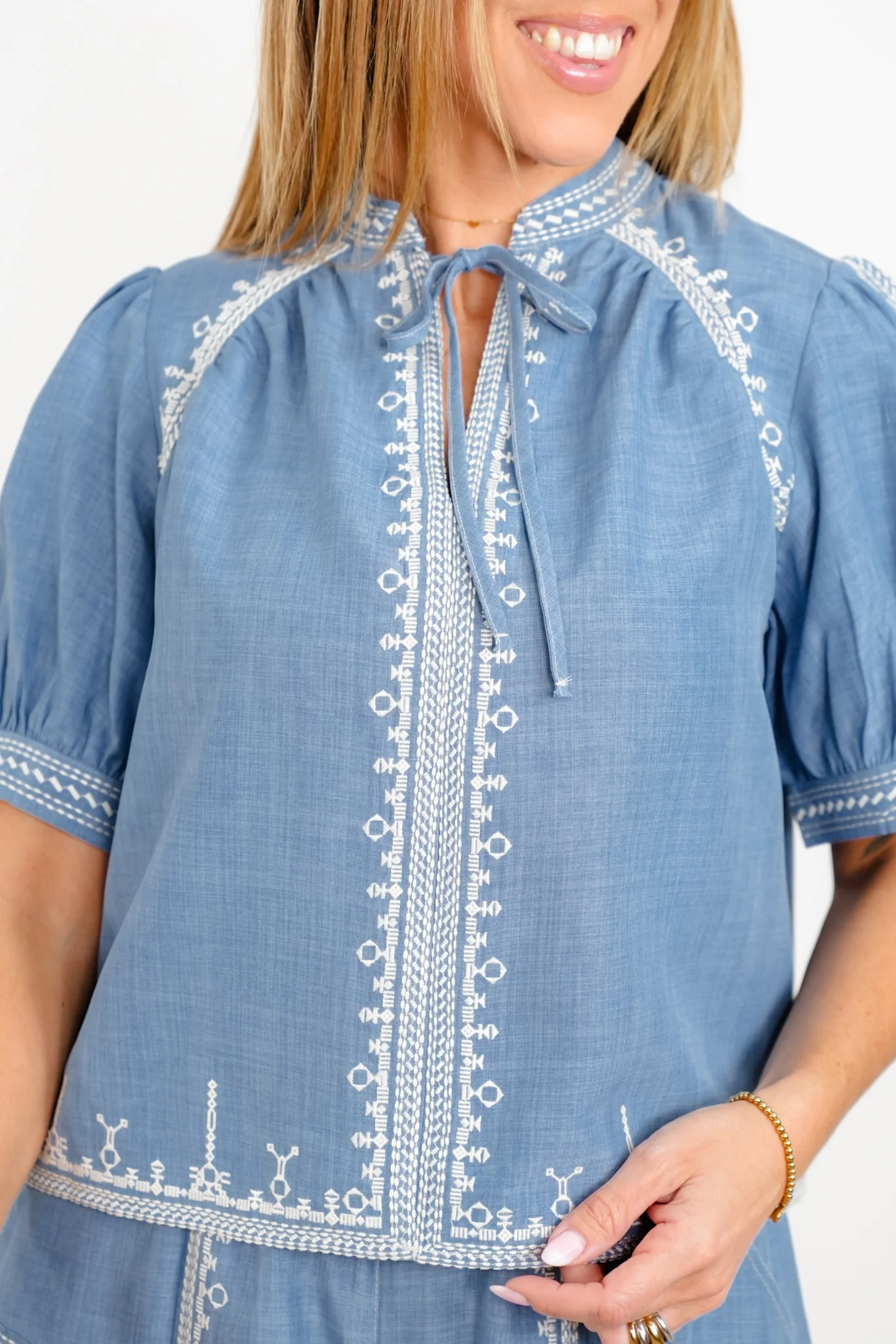 Short Sleeve Embroidered Puff Sleeve Top - Image 2