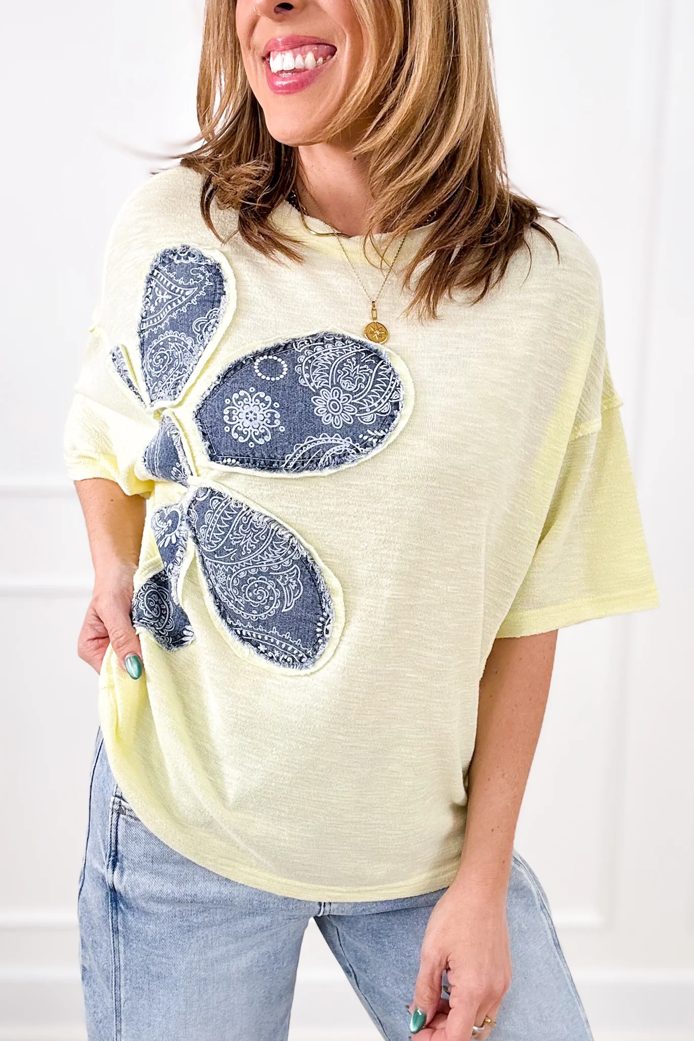 Short Sleeve Pullover Top with Bandana Print Flower Patch - Image 2
