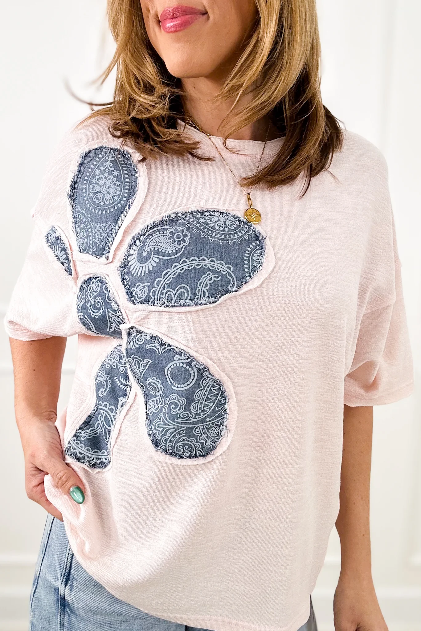 Short Sleeve Pullover Top with Bandana Print Flower Patch - Image 3