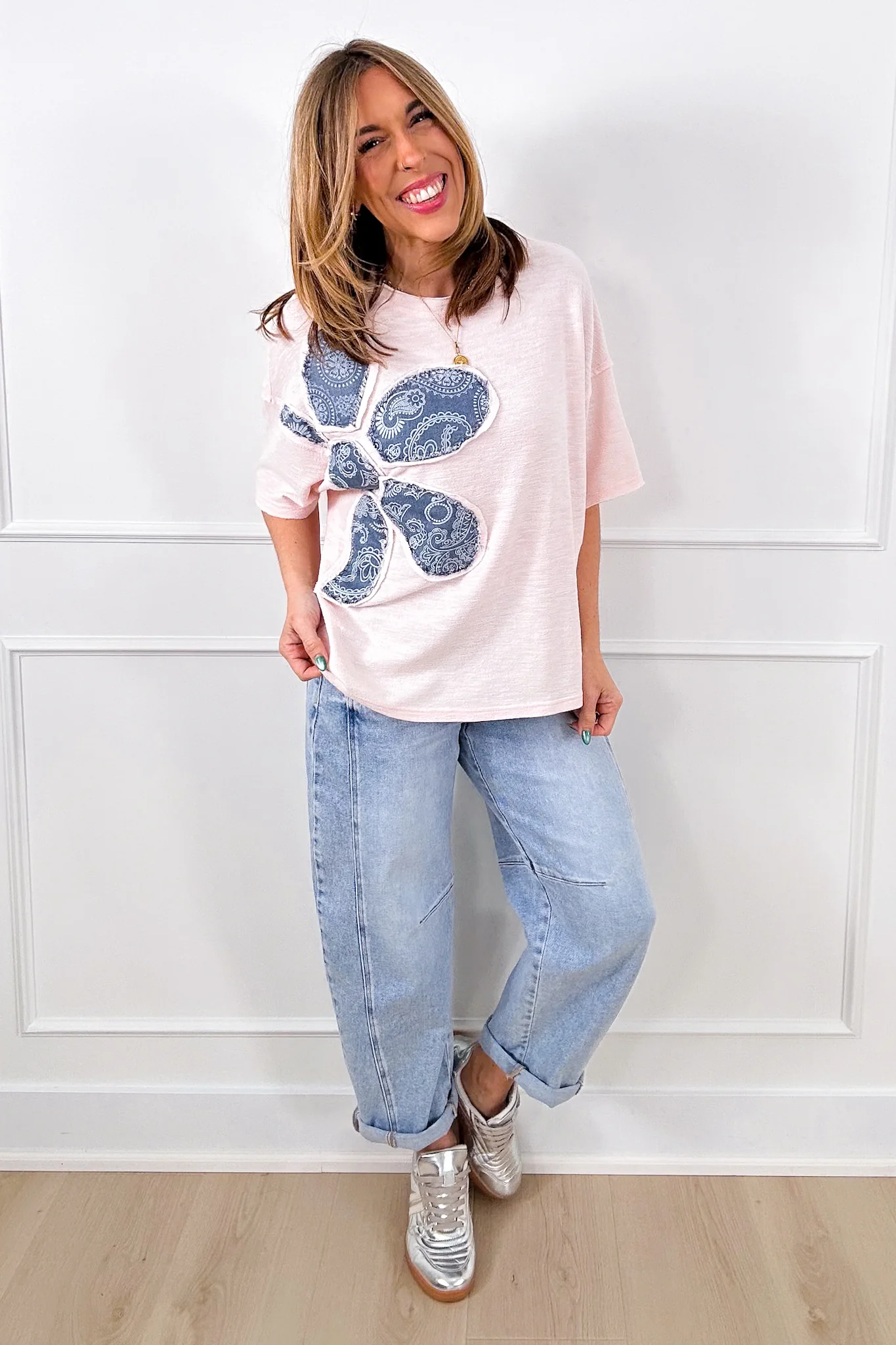Short Sleeve Pullover Top with Bandana Print Flower Patch - Image 6