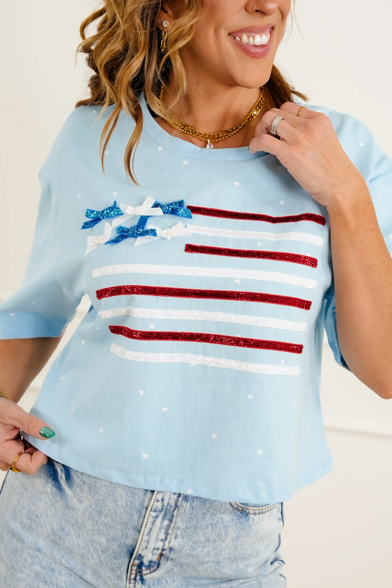 Restock! Short Sleeve Ribbon American Flag Top with Bow Detail