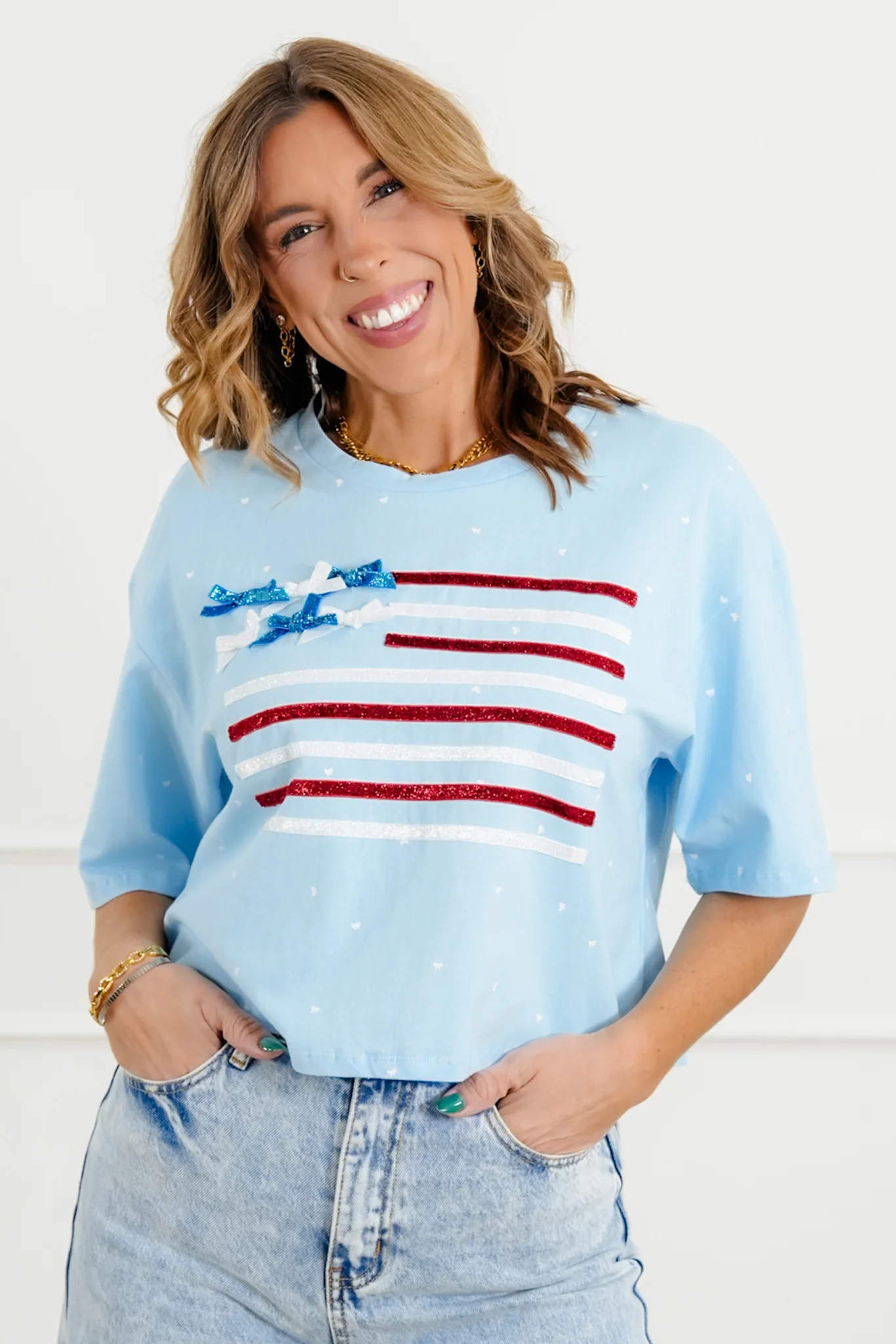Restock! Short Sleeve Ribbon American Flag Top with Bow Detail - Image 5