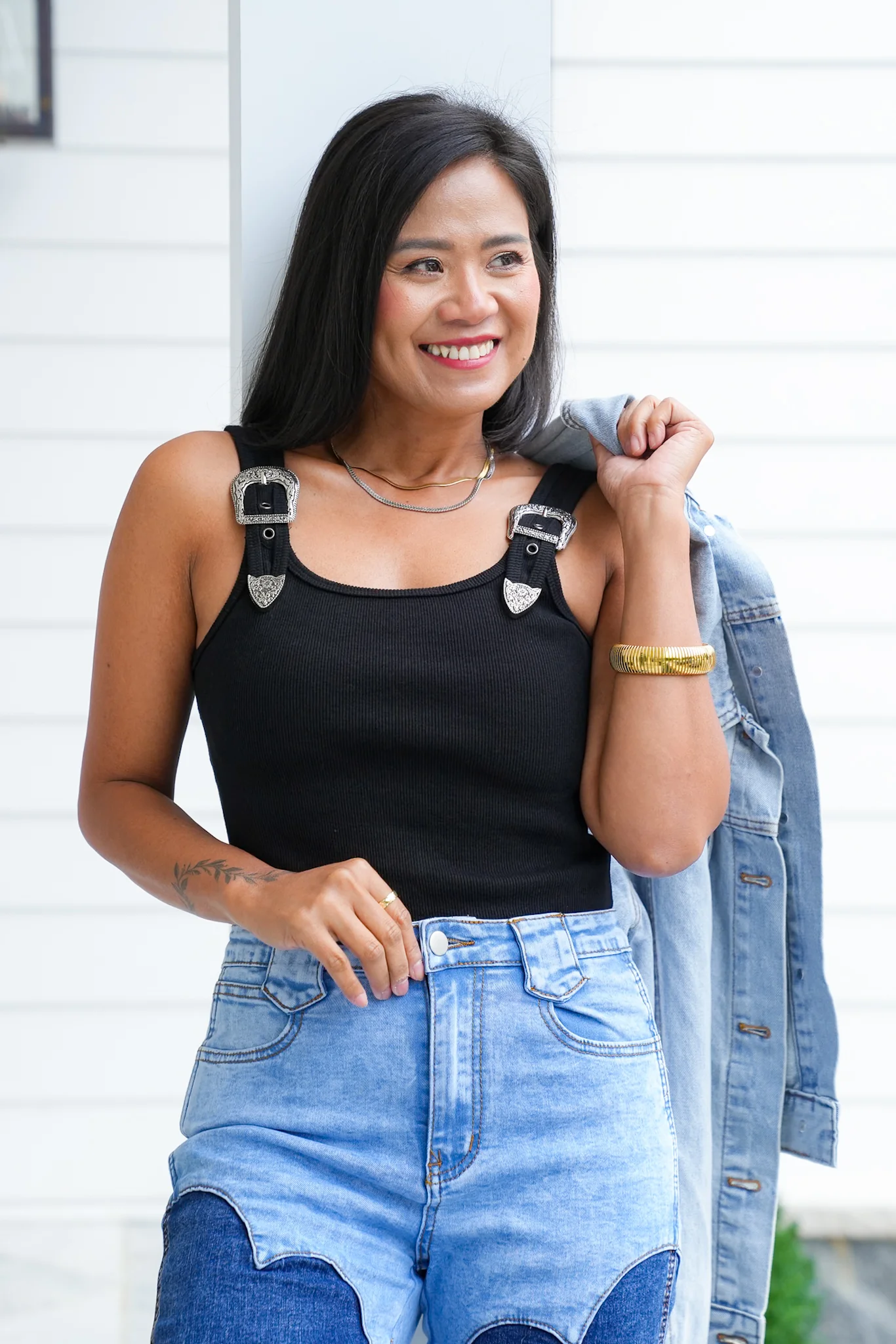 Sleeveless Ribbed Knit Bodysuit with Buckle Strap Detail - Image 4