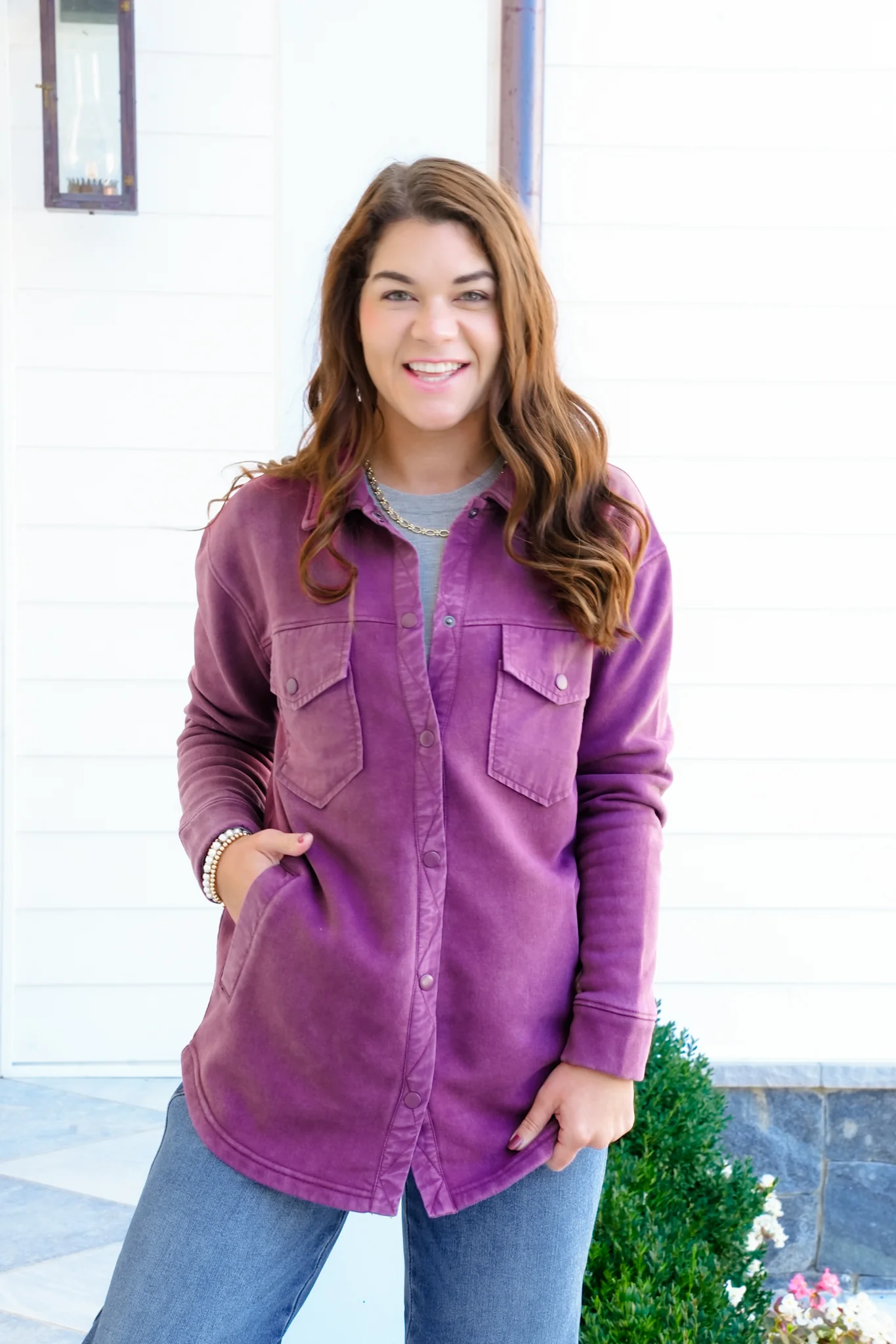 Long Sleeve Snap Button Shacket with Pockets - Image 3