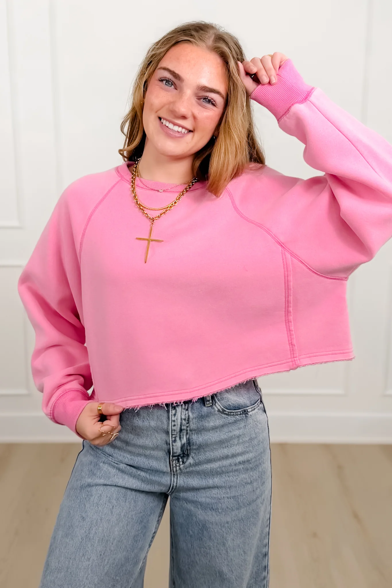 Solid Color Long Sleeve Crop Sweatshirt - Image 3