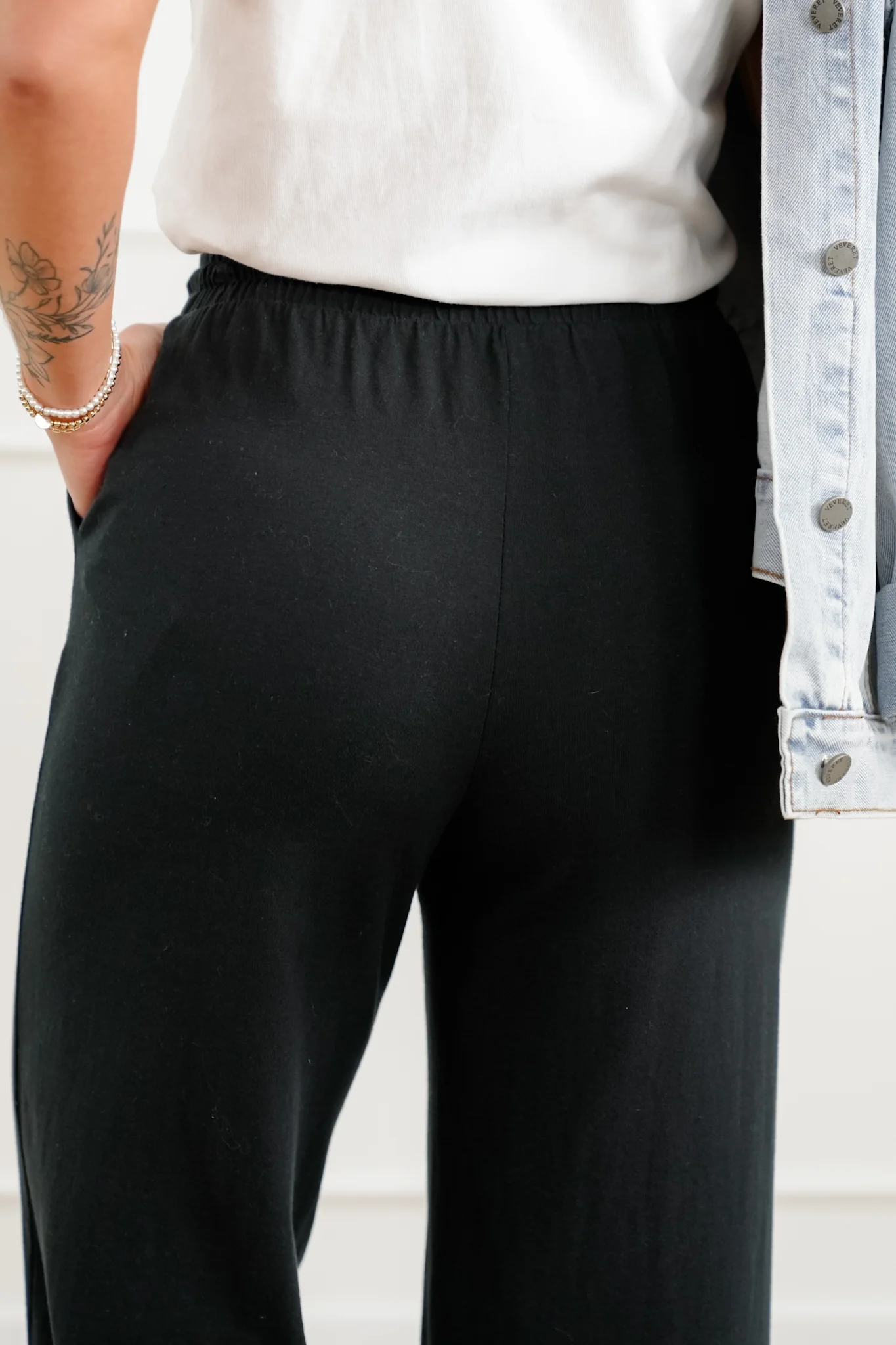 Solid Cotton Elastic Waist Wide Leg Pants - Image 10