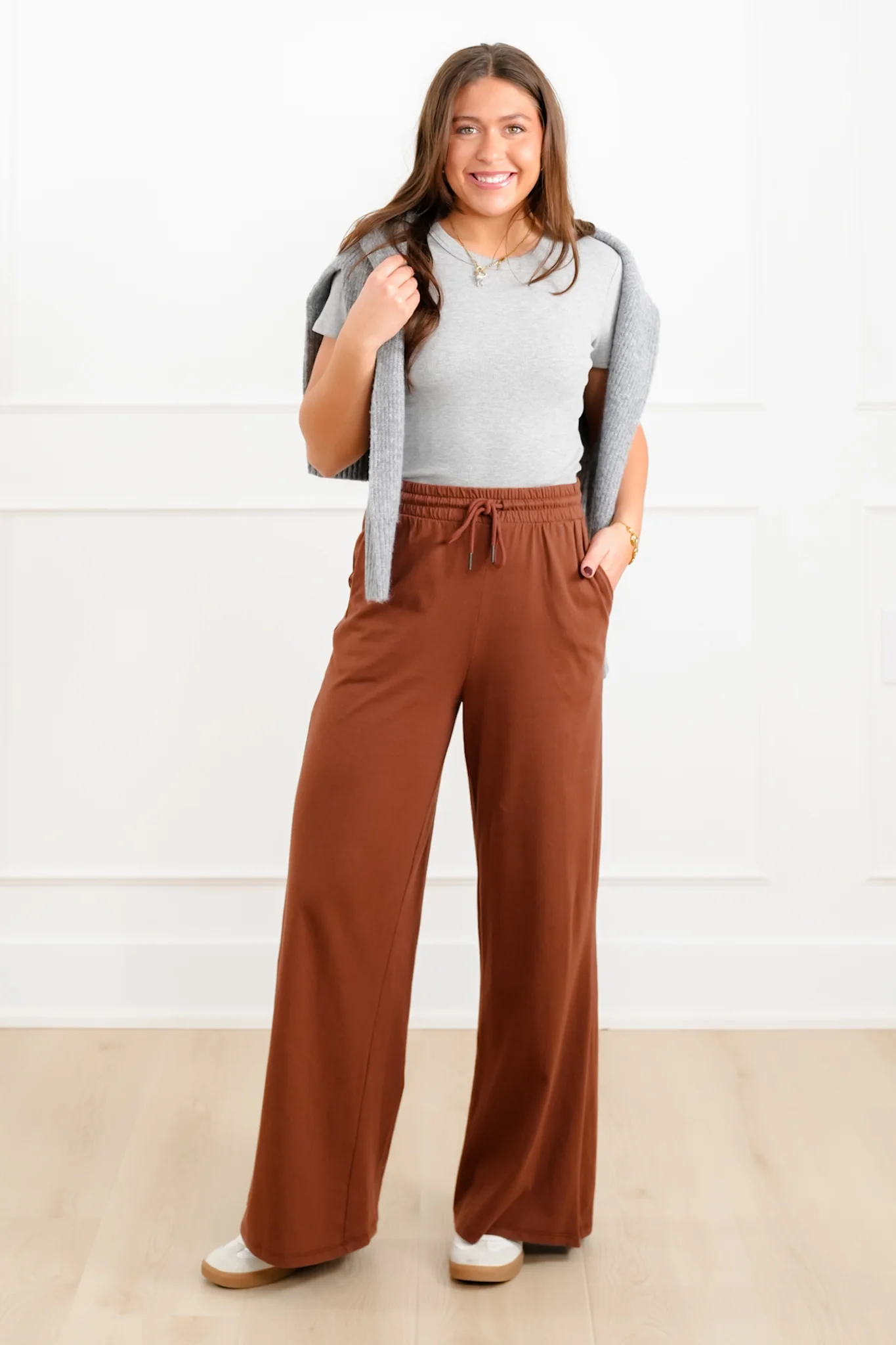 Solid Cotton Elastic Waist Wide Leg Pants - Image 13
