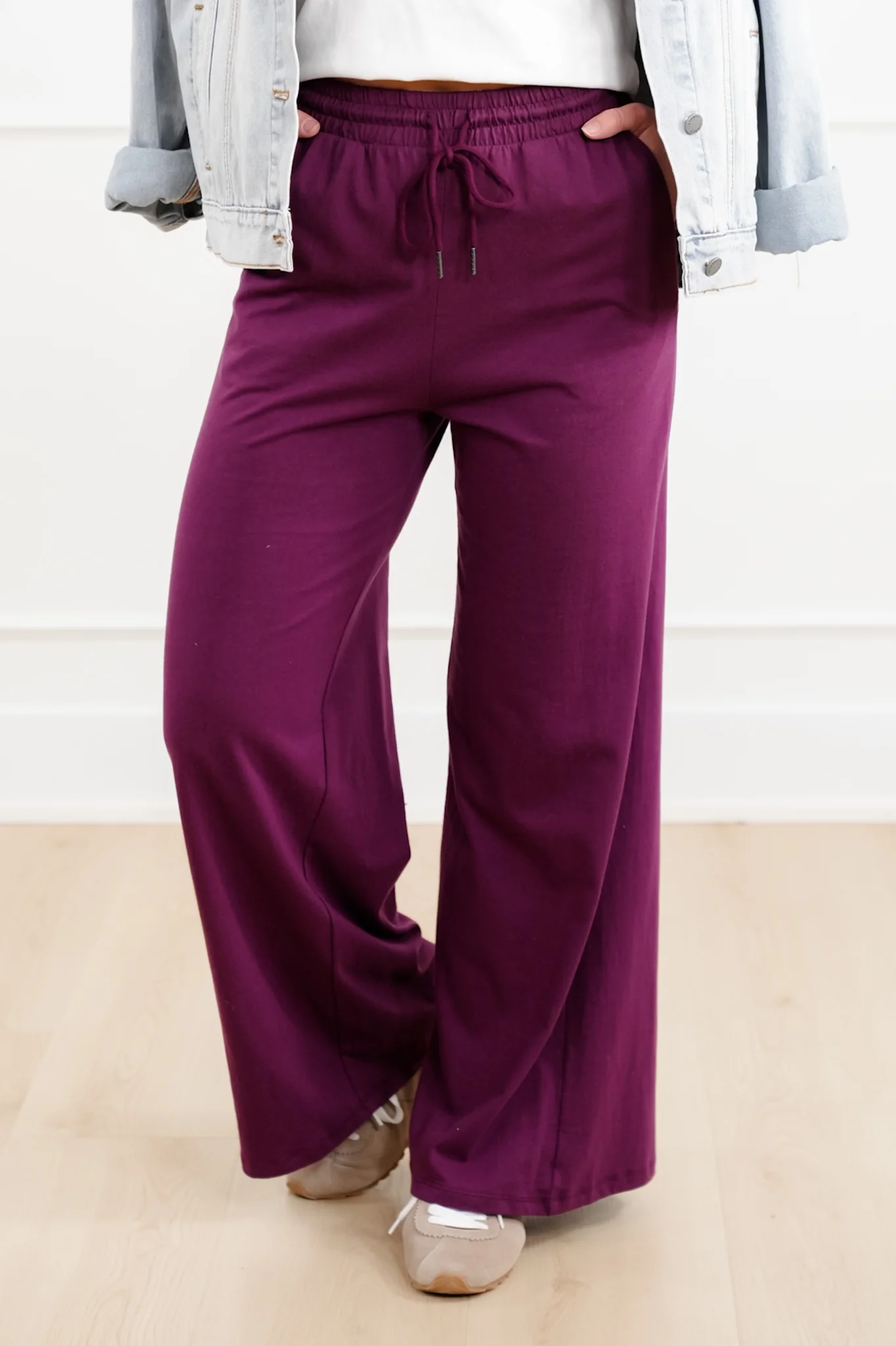 Solid Cotton Elastic Waist Wide Leg Pants - Image 2