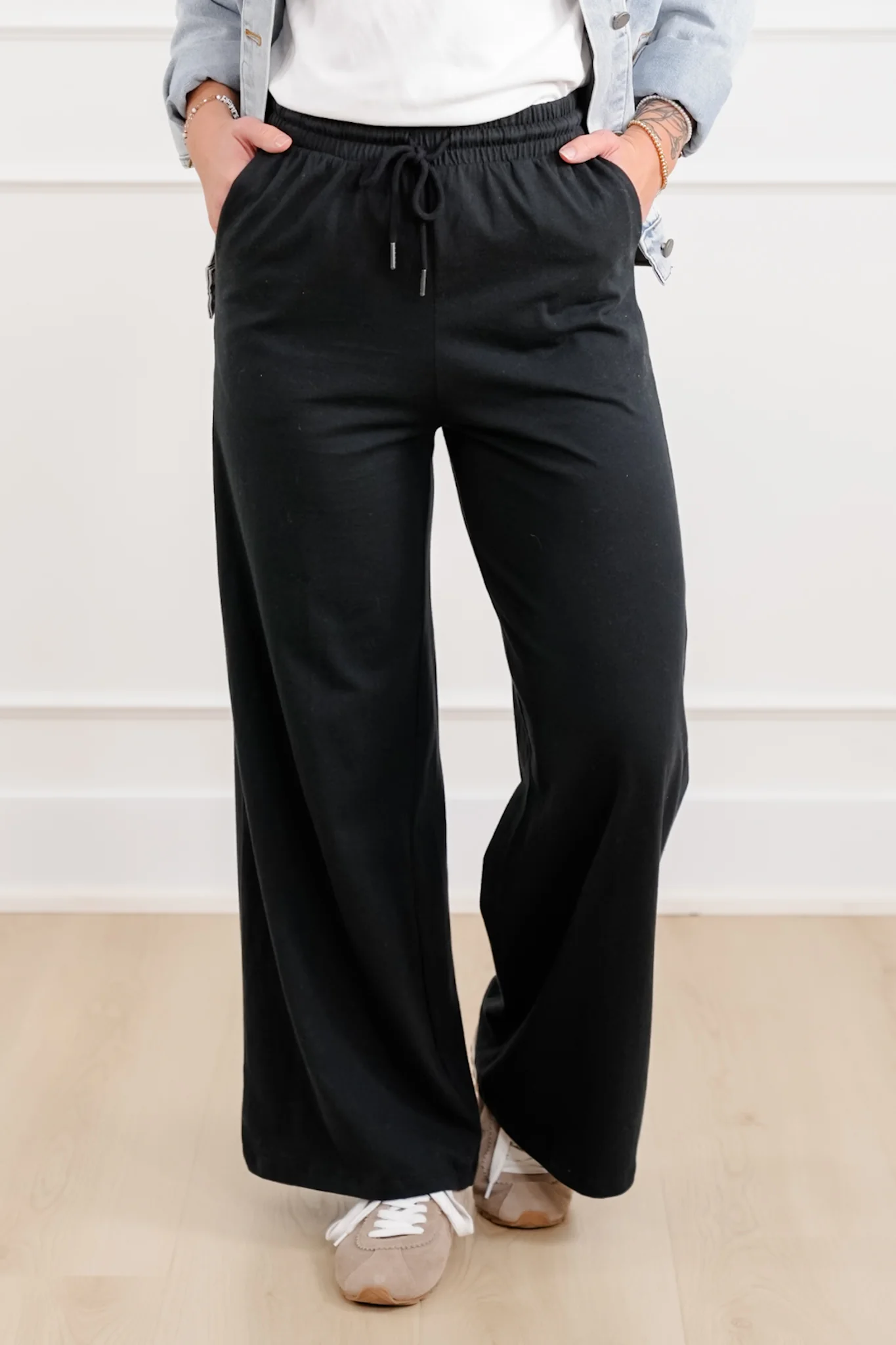Solid Cotton Elastic Waist Wide Leg Pants - Image 3