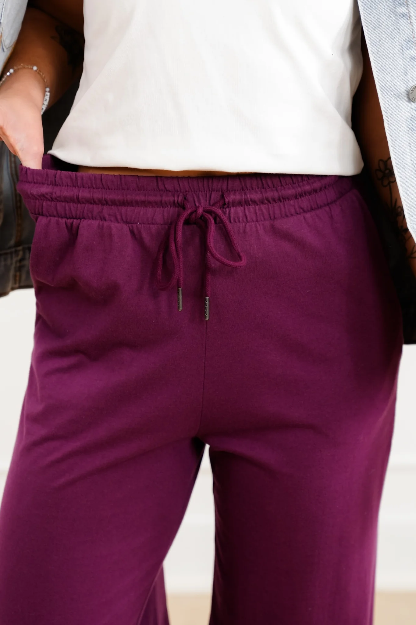 Solid Cotton Elastic Waist Wide Leg Pants - Image 8