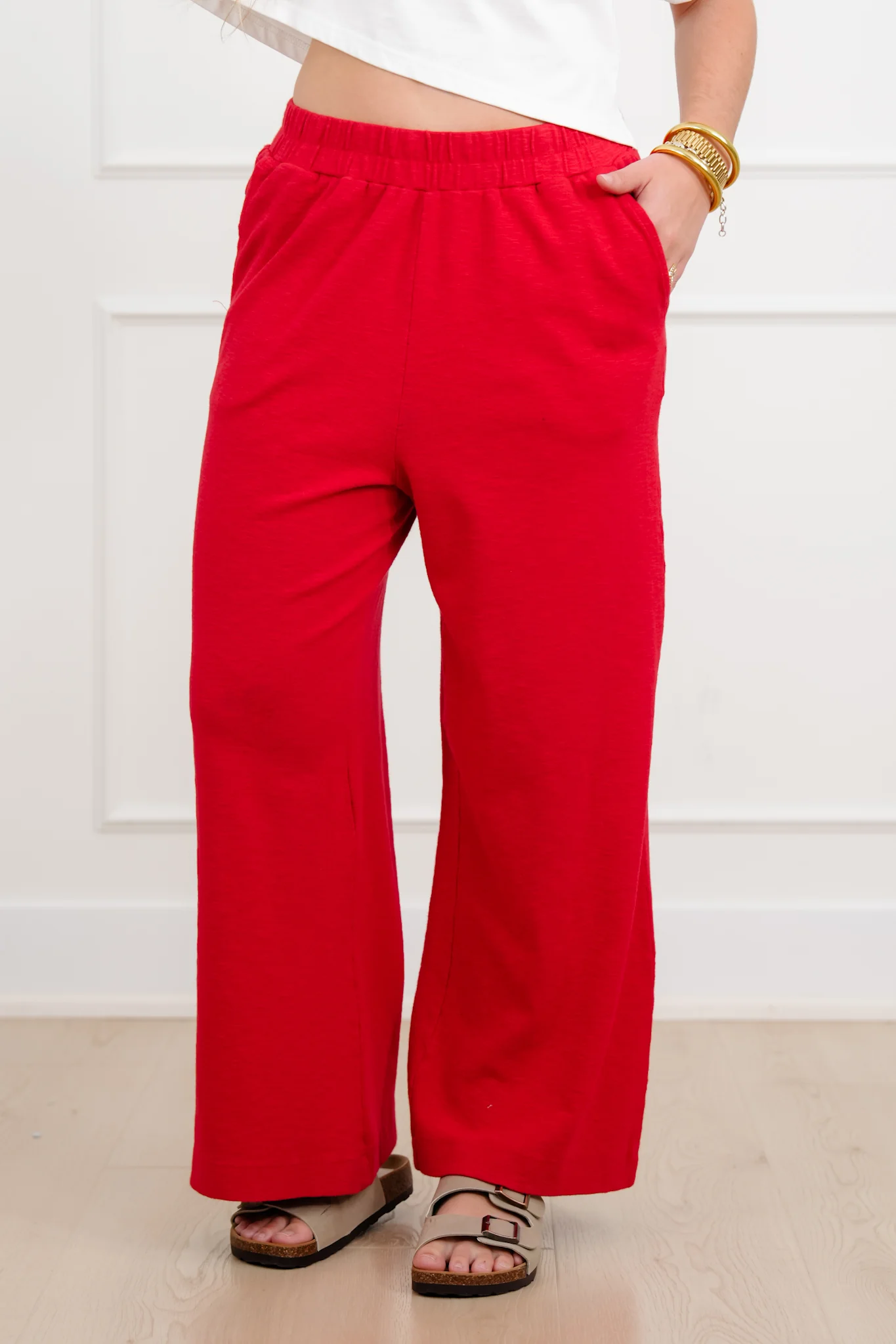 Solid Elastic Waist Wide Leg Pants - Image 3