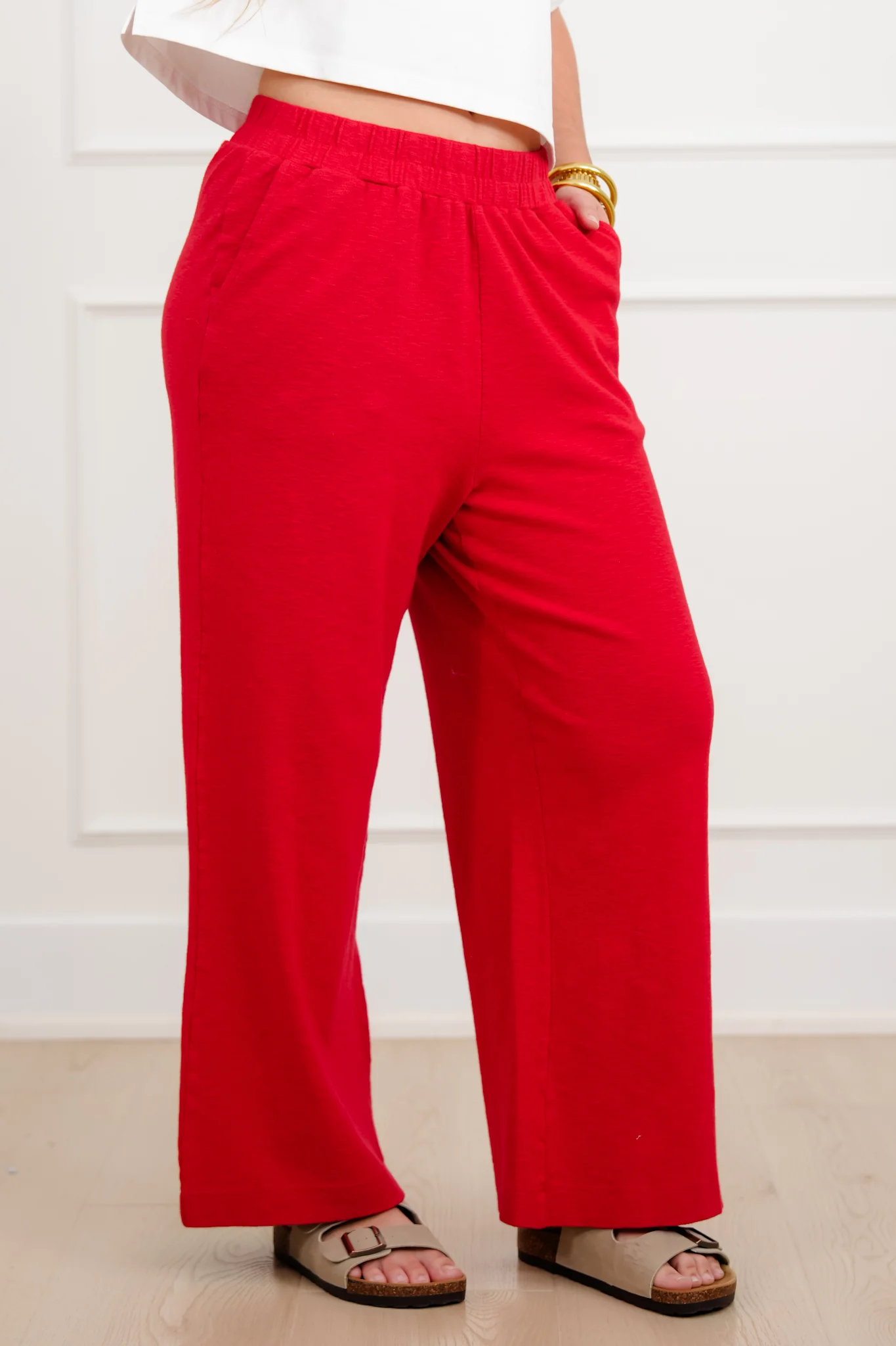 Solid Elastic Waist Wide Leg Pants - Image 8