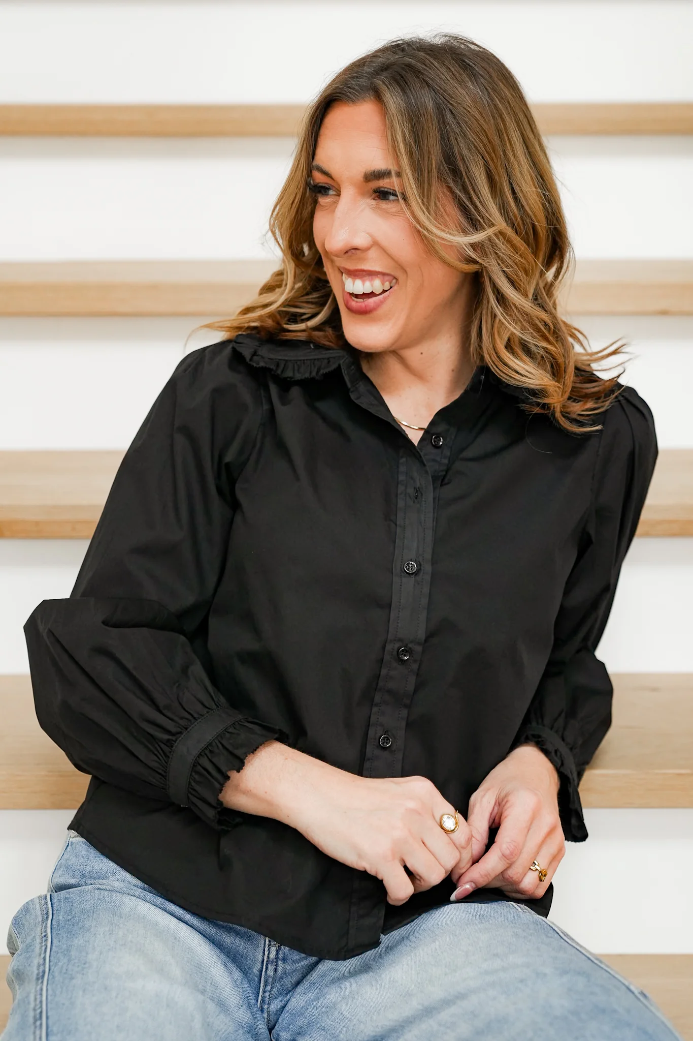 Solid Long Sleeve Button Up Collared Top with Ruffles - Image 4