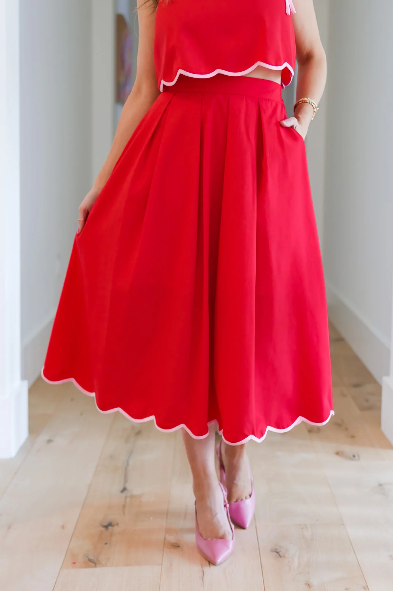 Solid Midi Skirt with Scallop Hem Detail - Image 3