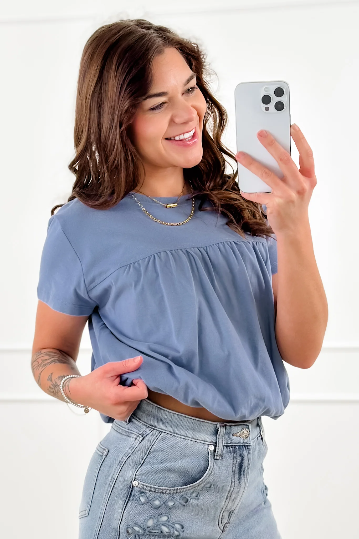 Solid Short Sleeve Bubble Hem Top - Image 3