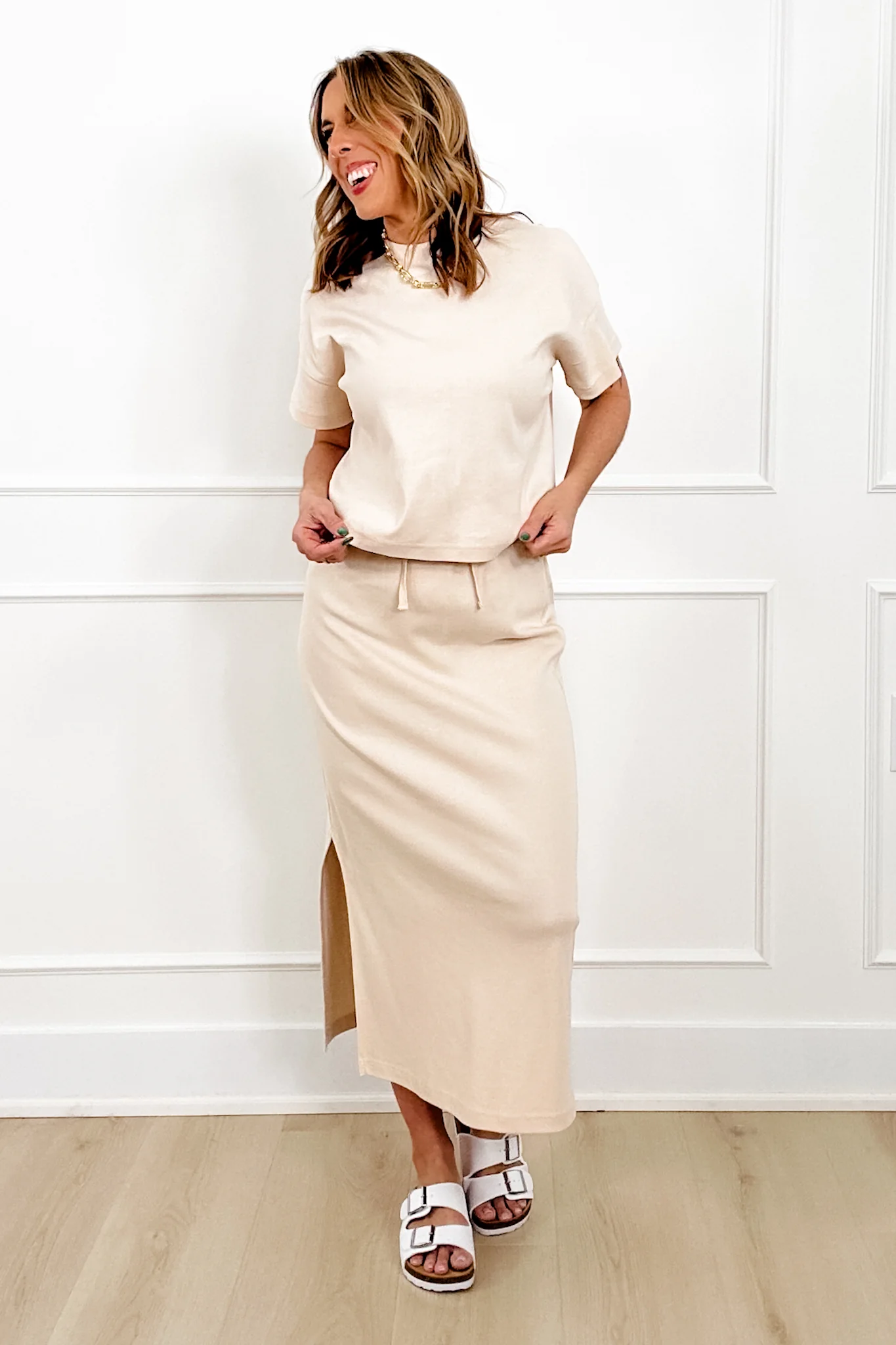 Solid Short Sleeve Top and Midi Skirt Set - Image 4