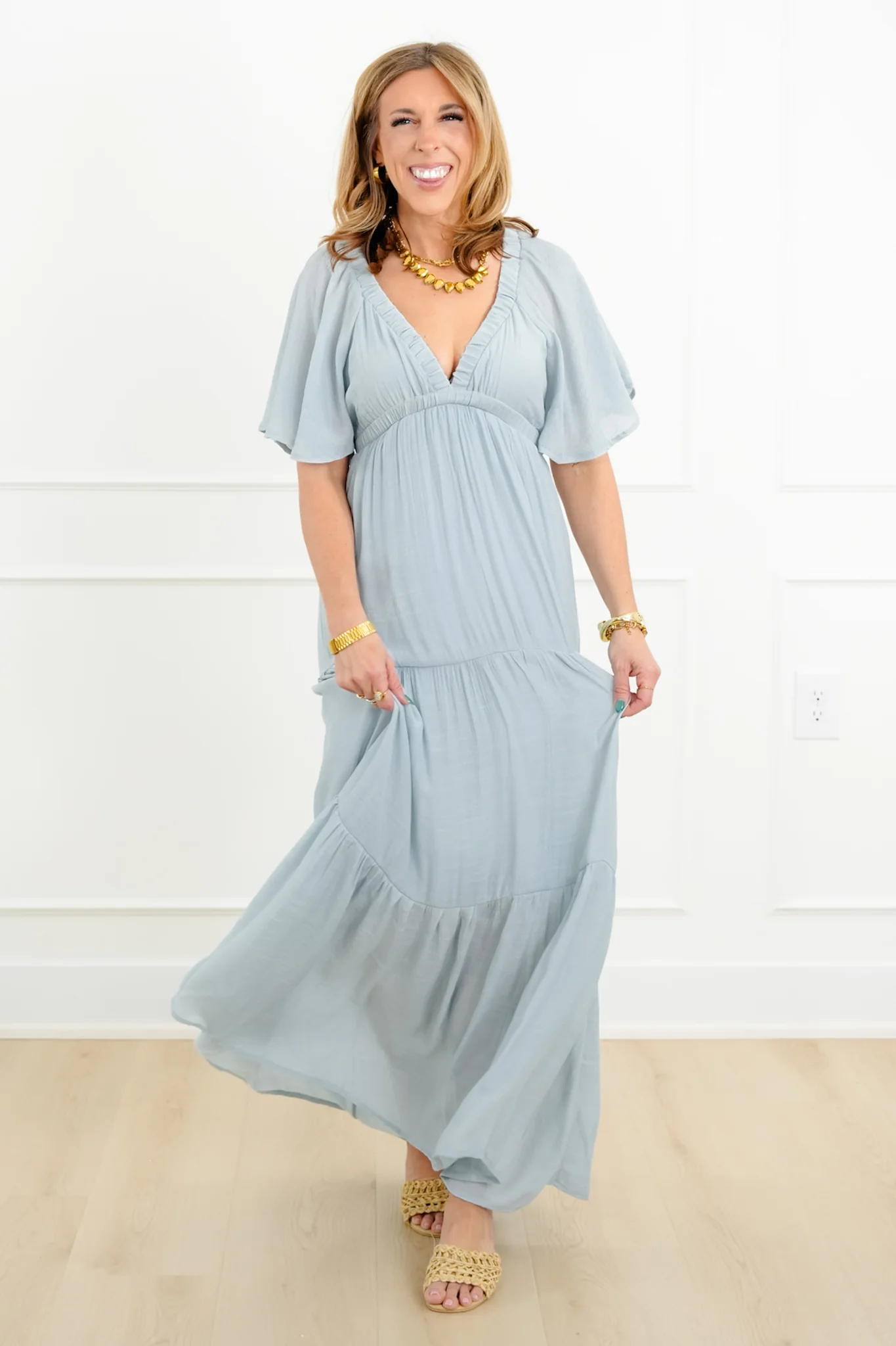 Solid Short Sleeve V-Neck Tiered Maxi Dress - Image 3